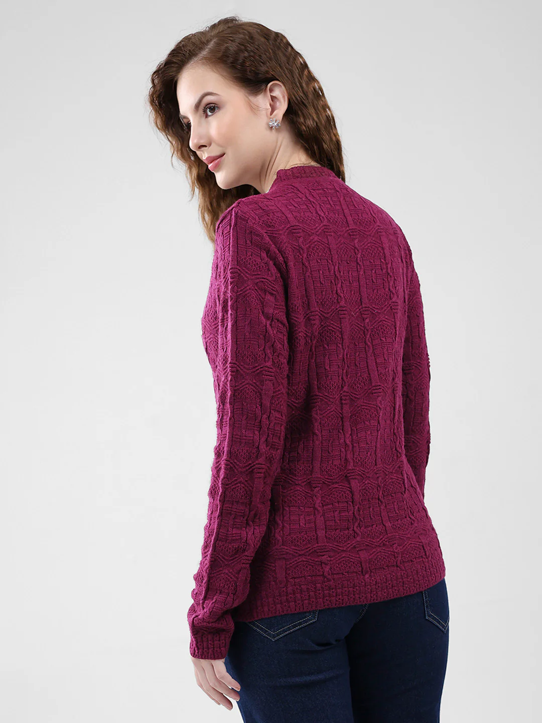 Women Purple Self Design V Neck Full Sleeve Cardigan - Image 5
