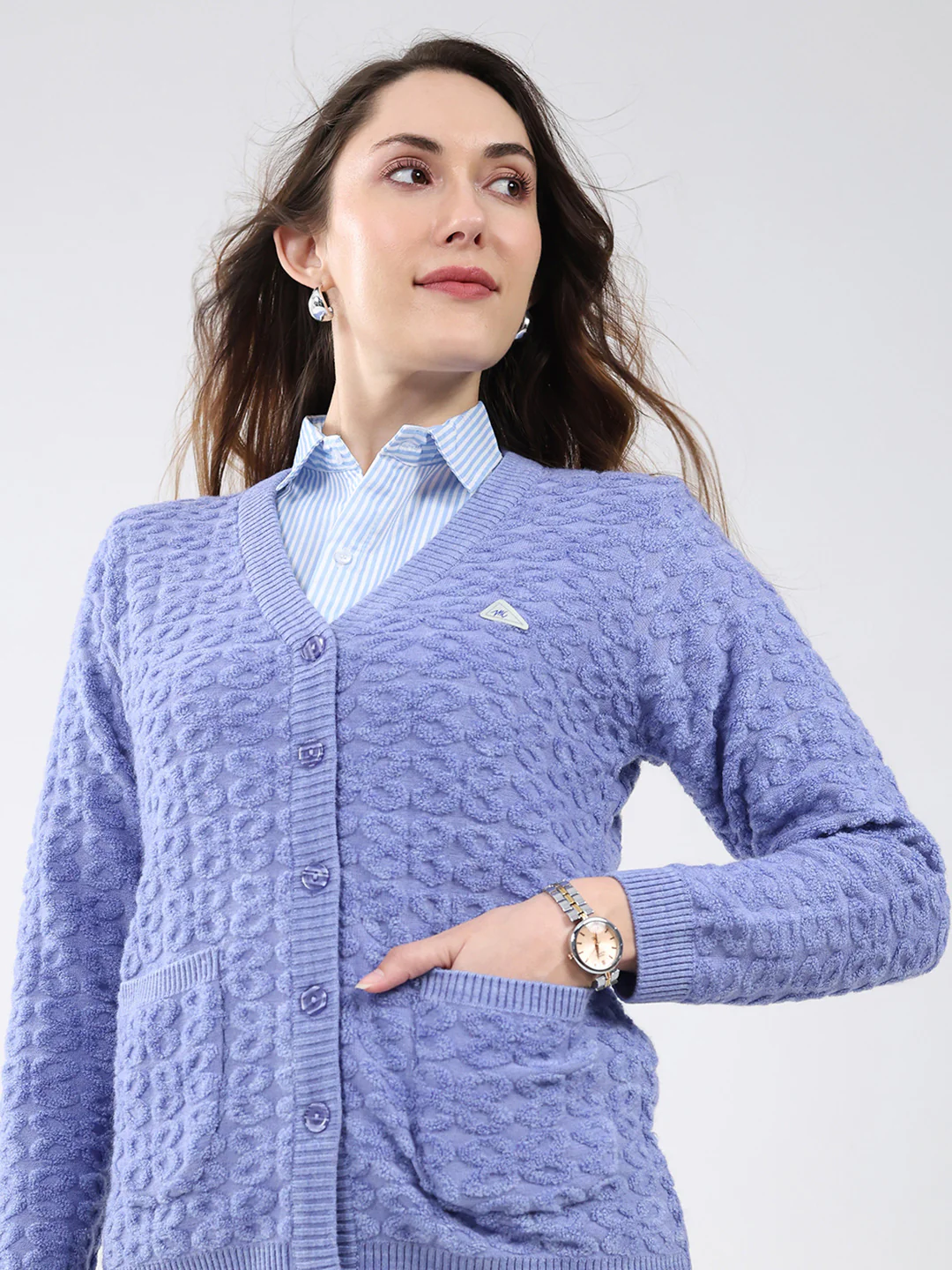 Women Purple Self Design V Neck Full Sleeve Cardigan - Image 7