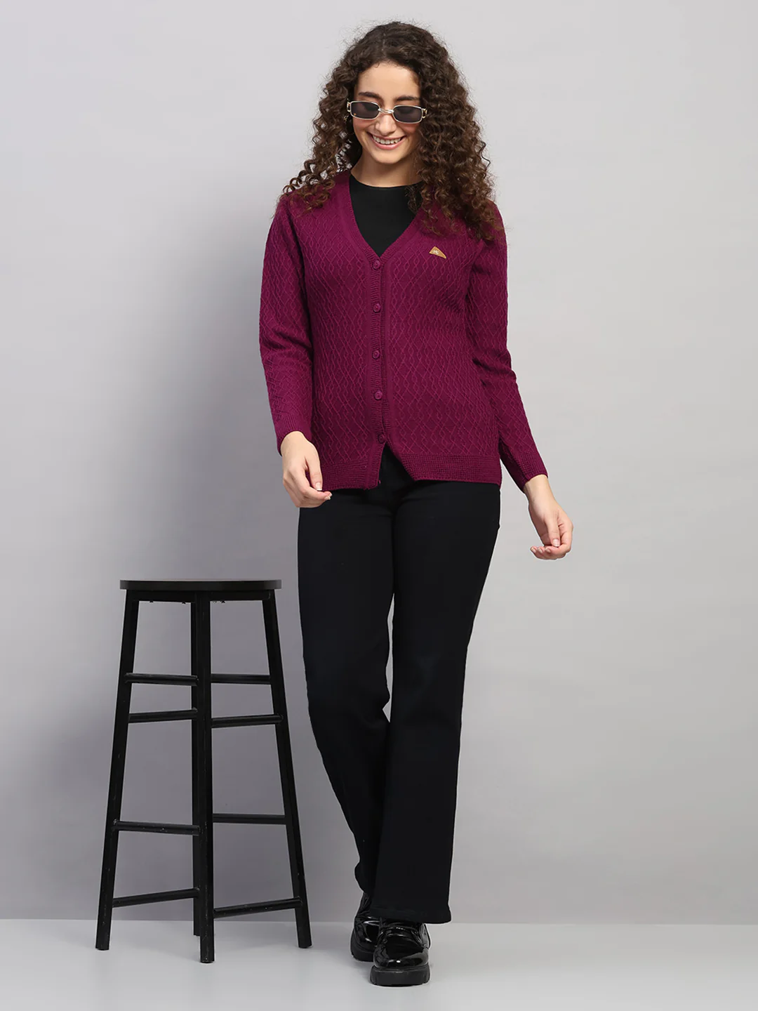 Women Purple Self Design V Neck Full Sleeve Cardigan - Image 2