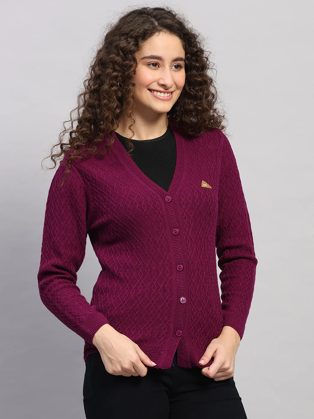 Women Purple Self Design V Neck Full Sleeve Cardigan - Image 4