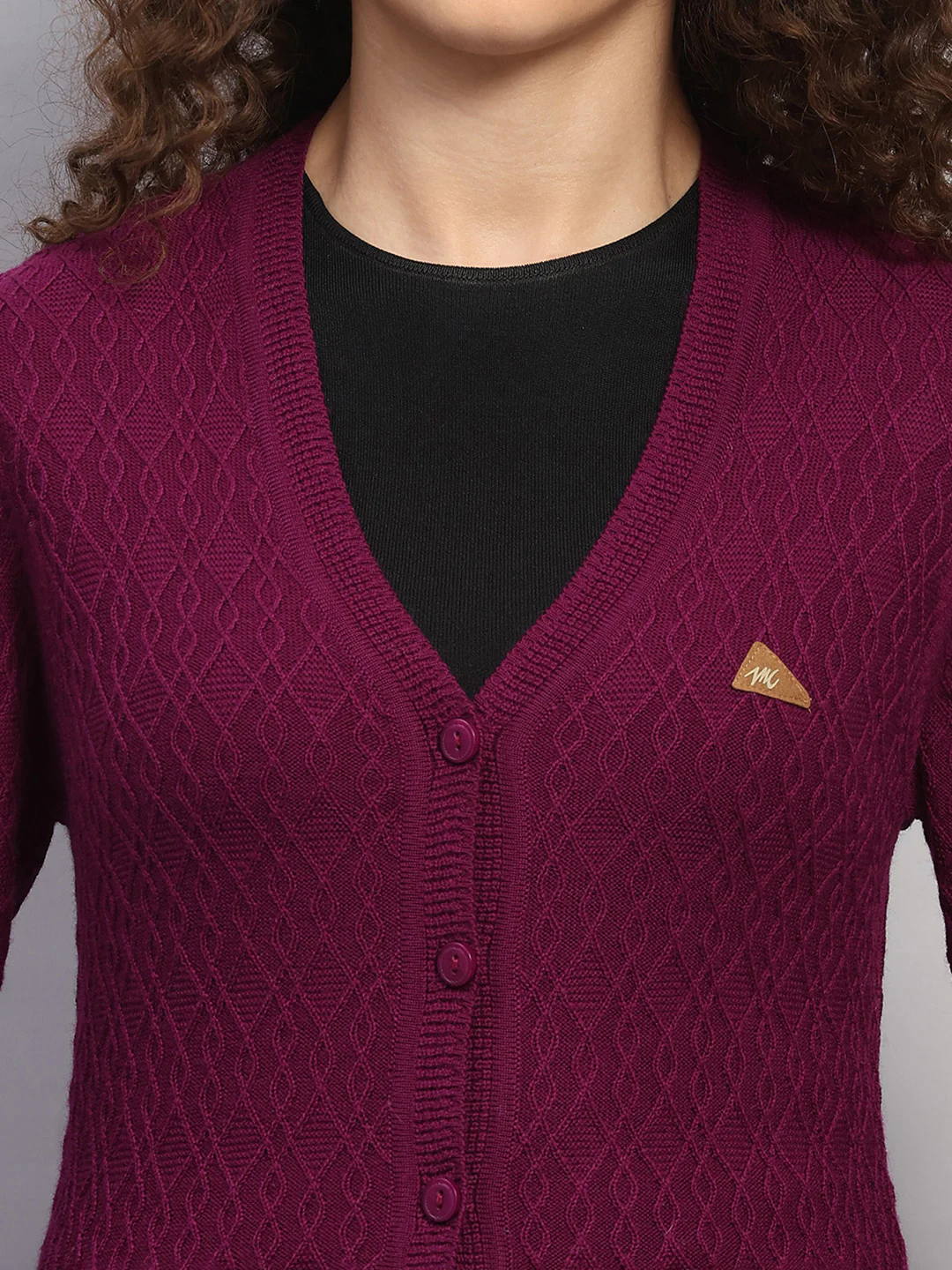 Women Purple Self Design V Neck Full Sleeve Cardigan - Image 6