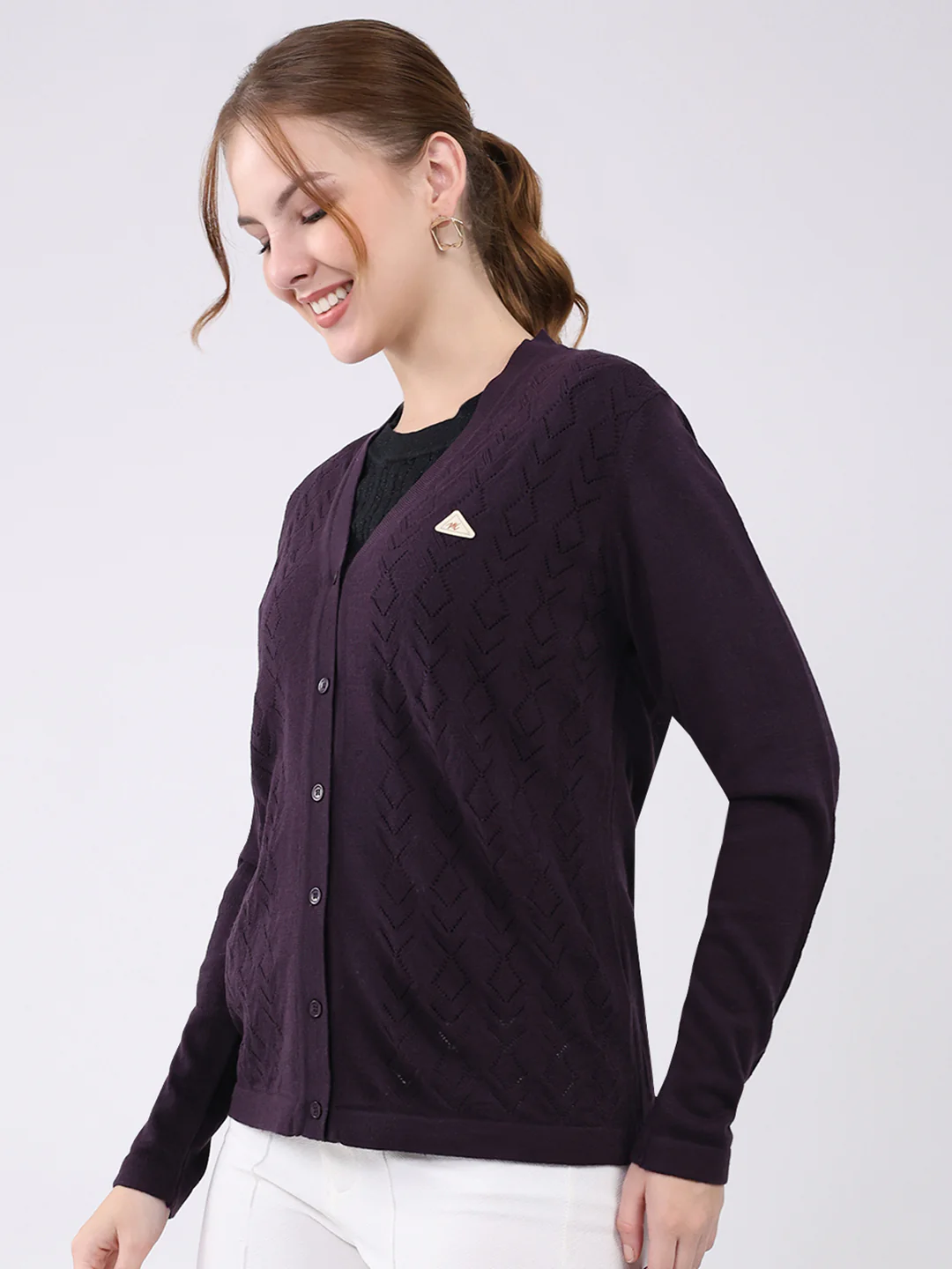 Women Purple Self Design V Neck Full Sleeve Cardigan - Image 3
