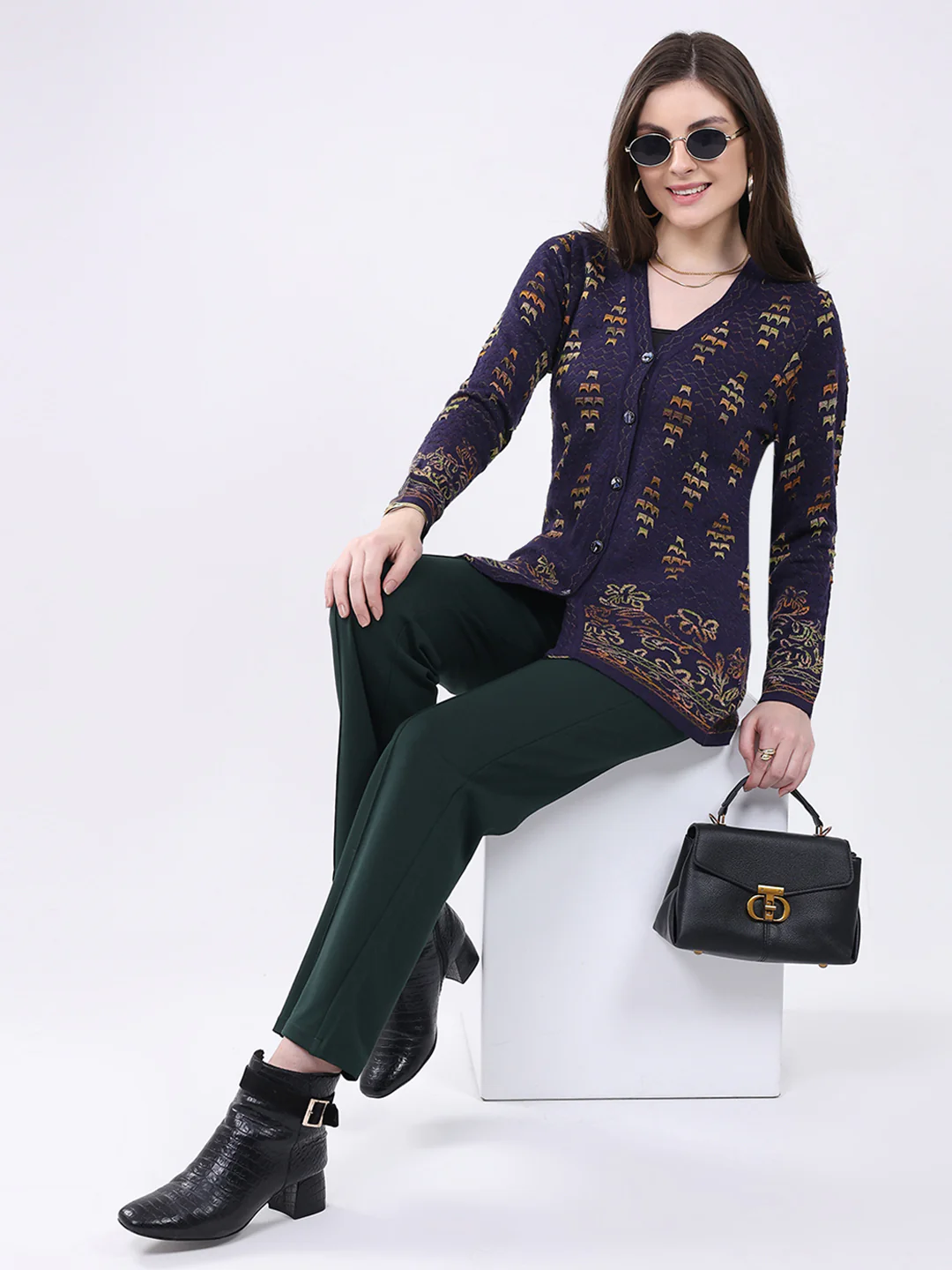 Women Purple Self Design V Neck Full Sleeve Cardigan - Image 2