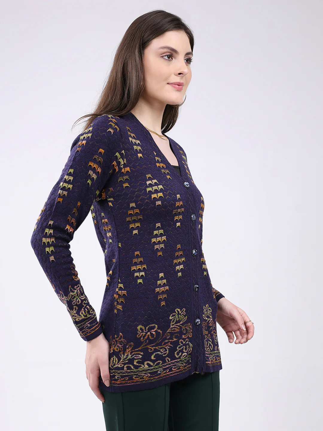 Women Purple Self Design V Neck Full Sleeve Cardigan - Image 4