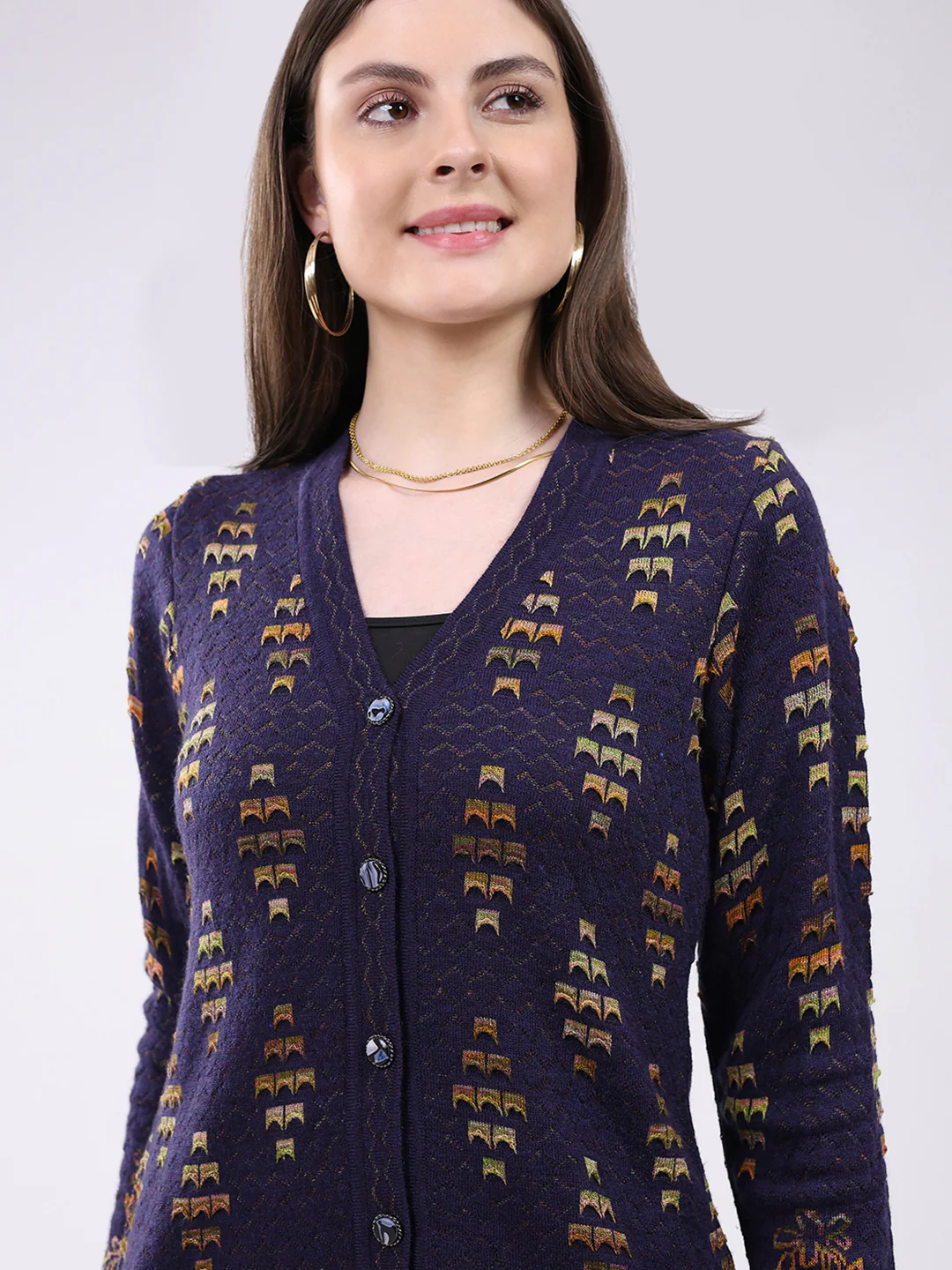 Women Purple Self Design V Neck Full Sleeve Cardigan - Image 7