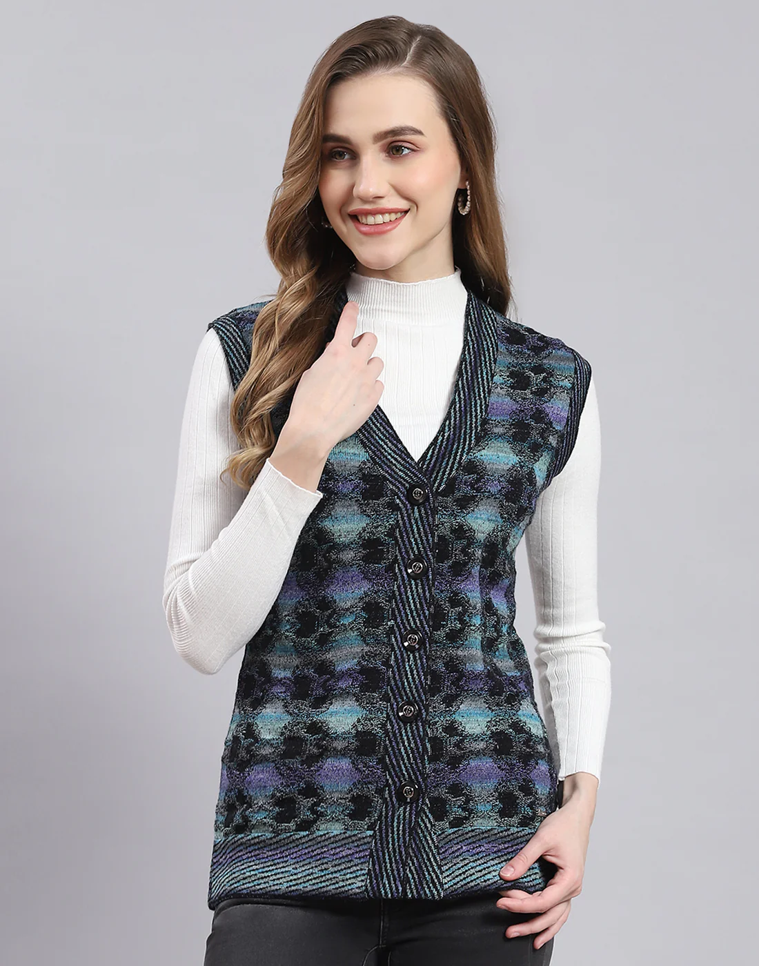 Women Purple Self Design V Neck Sleeveless Cardigan - Image 2