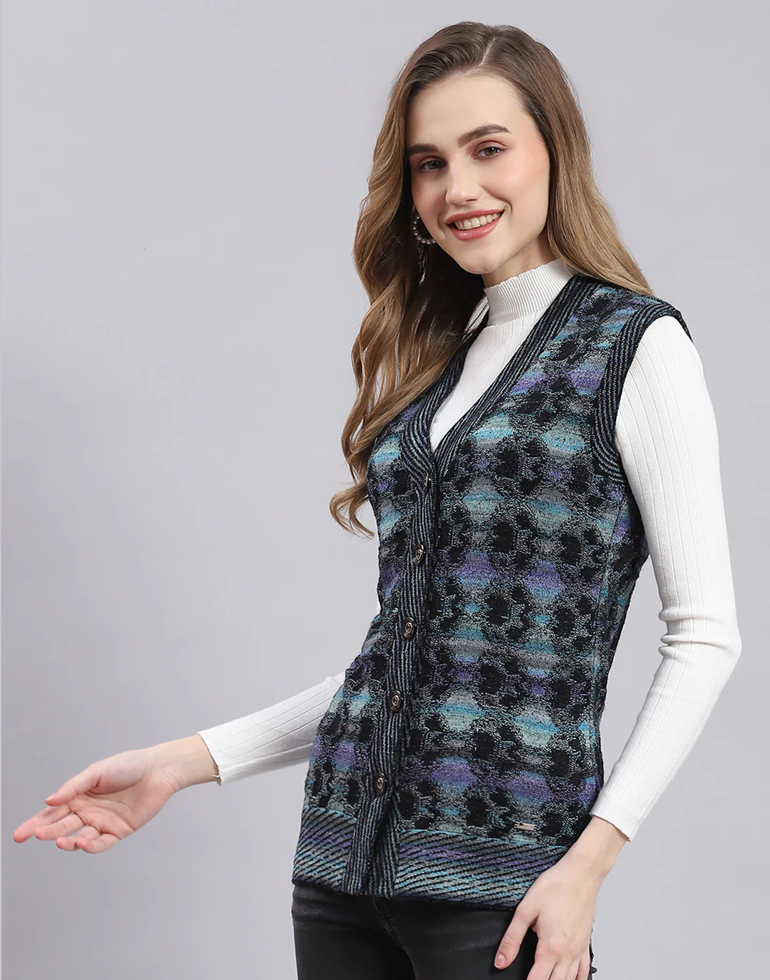 Women Purple Self Design V Neck Sleeveless Cardigan - Image 3