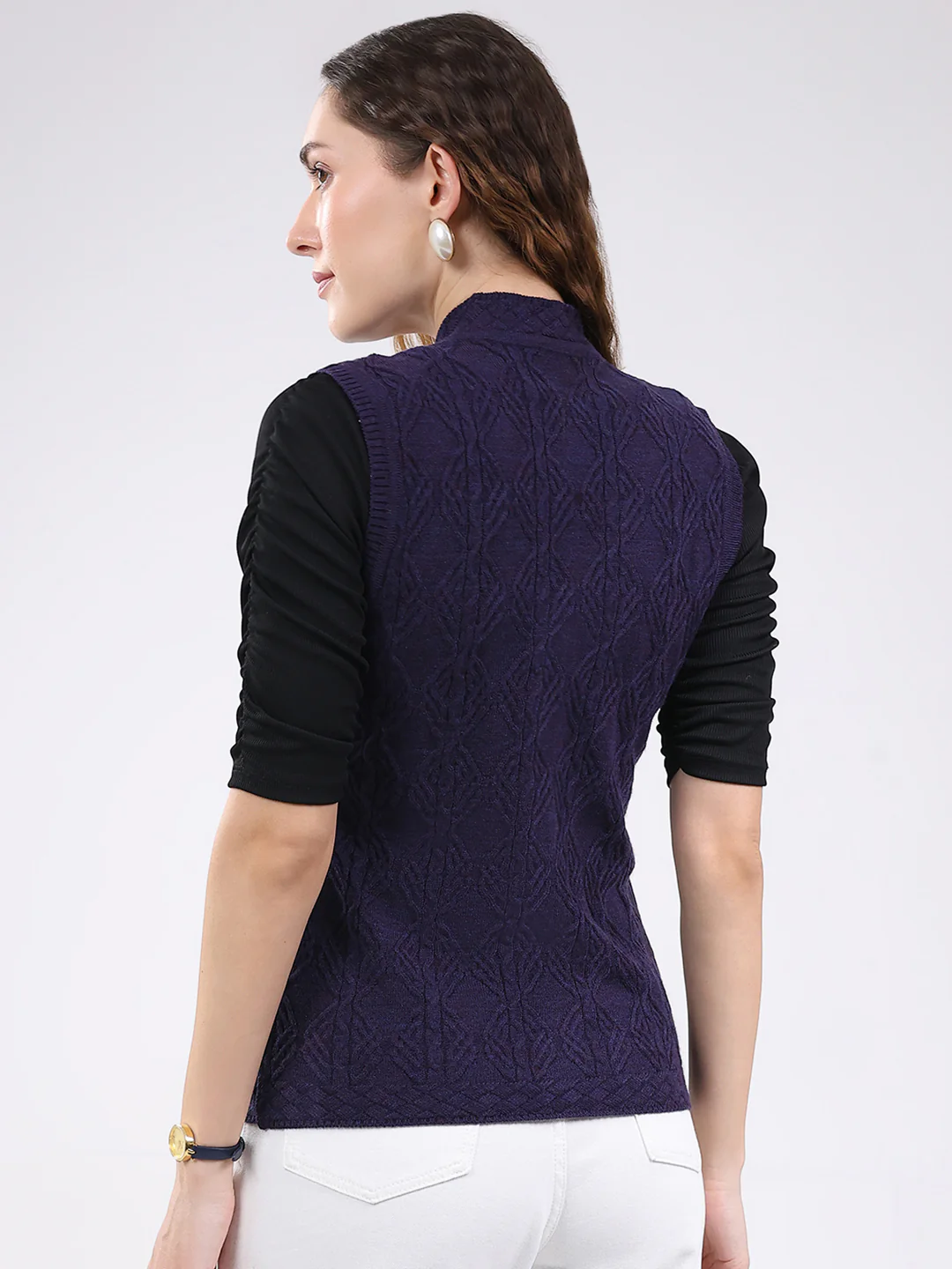 Women Purple Self Design V Neck Sleeveless Cardigan - Image 5
