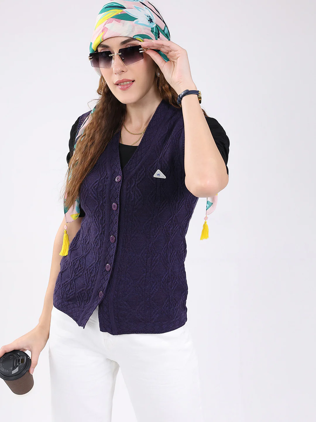 Women Purple Self Design V Neck Sleeveless Cardigan - Image 6