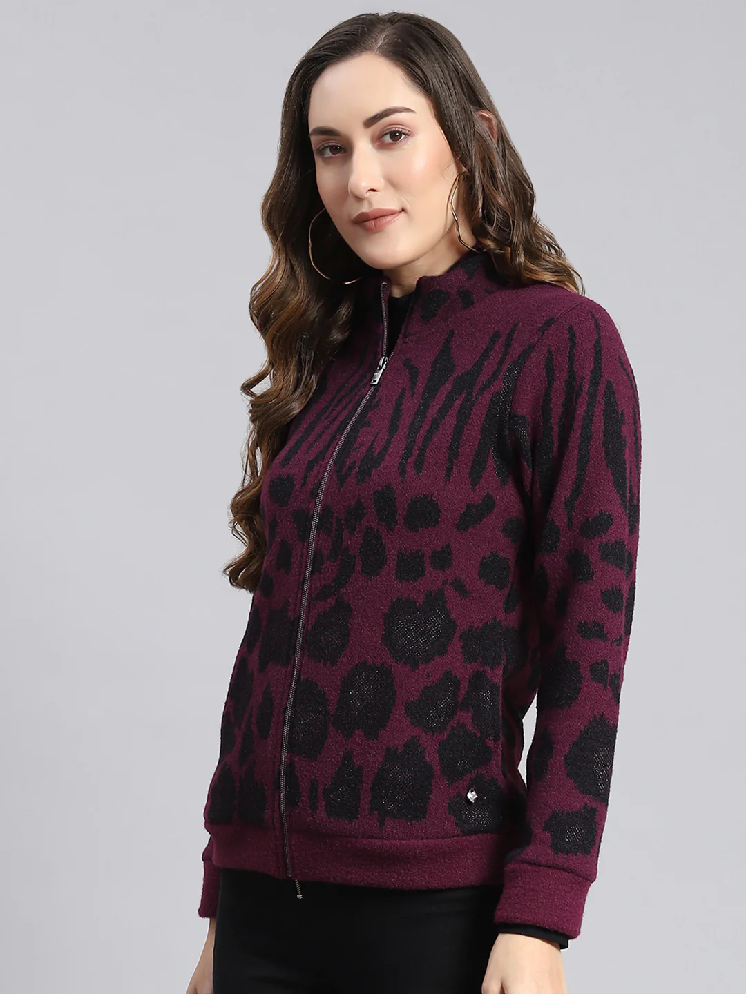 Women Purple Self Design F Neck Full Sleeve Sweatshirts - Image 5