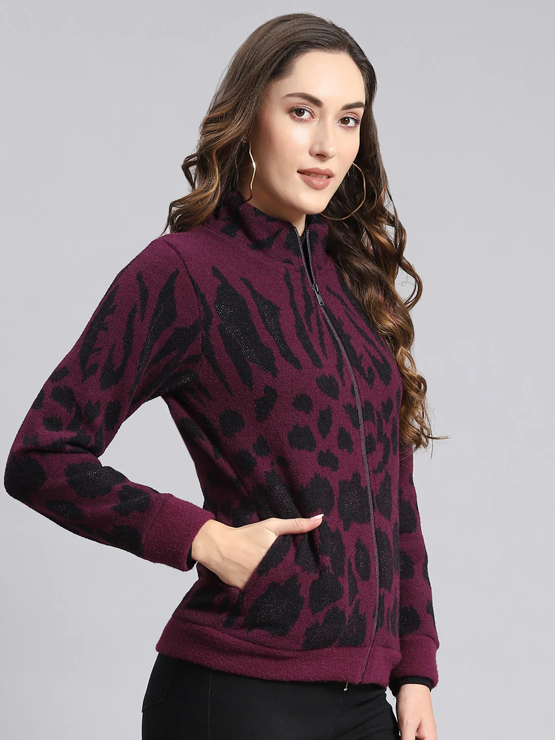Women Purple Self Design F Neck Full Sleeve Sweatshirts - Image 6