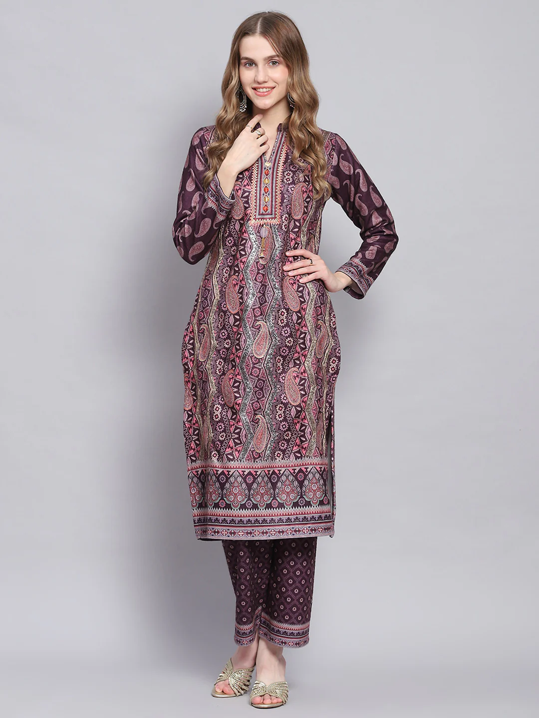 Women Purple Self Design Mandarin Collar Full Sleeve Kurtis Set - Image 2