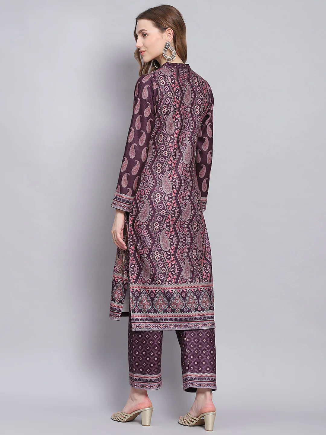 Women Purple Self Design Mandarin Collar Full Sleeve Kurtis Set - Image 5
