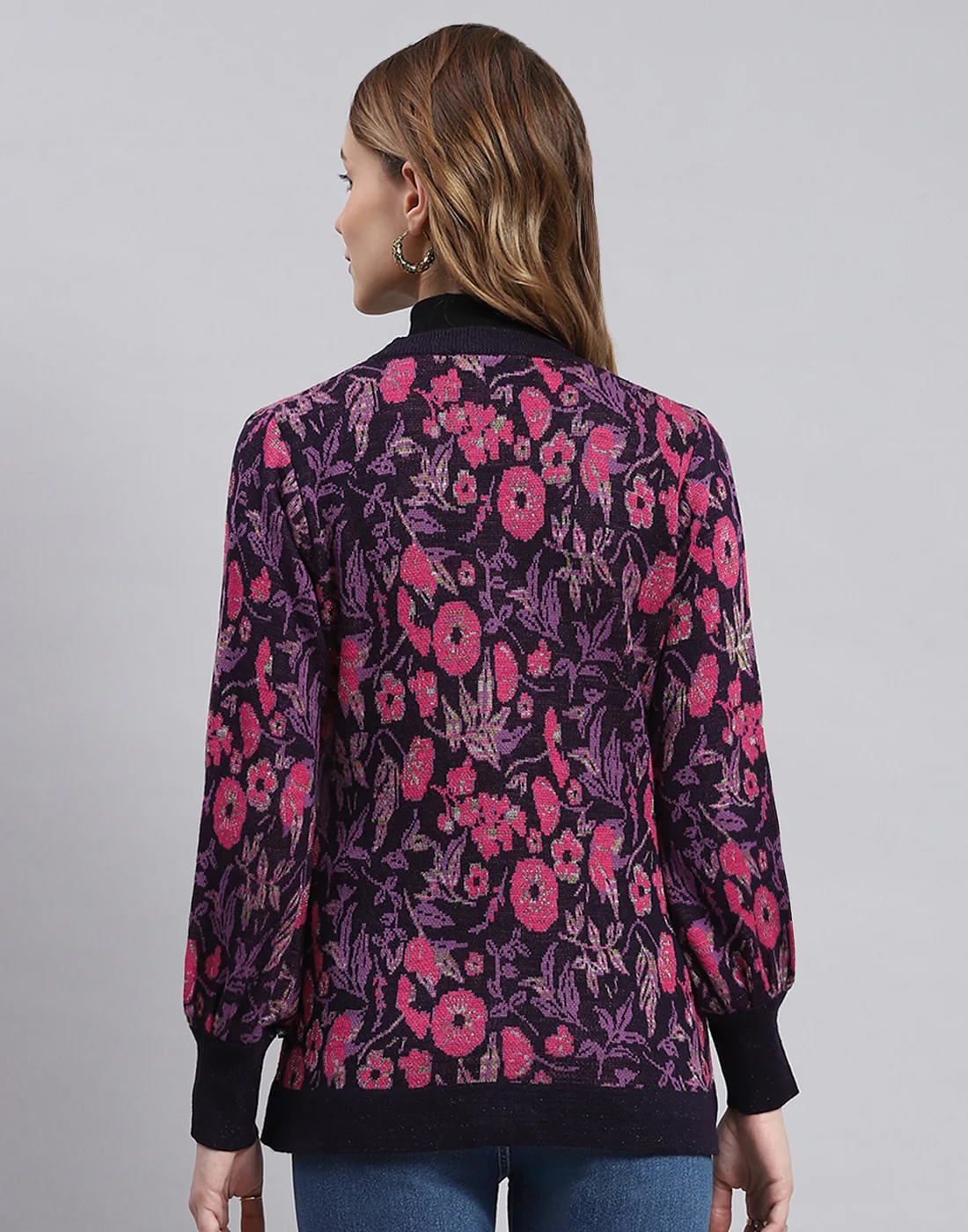 Women Purple Self Design V Neck Full Sleeve Cardigans - Image 6
