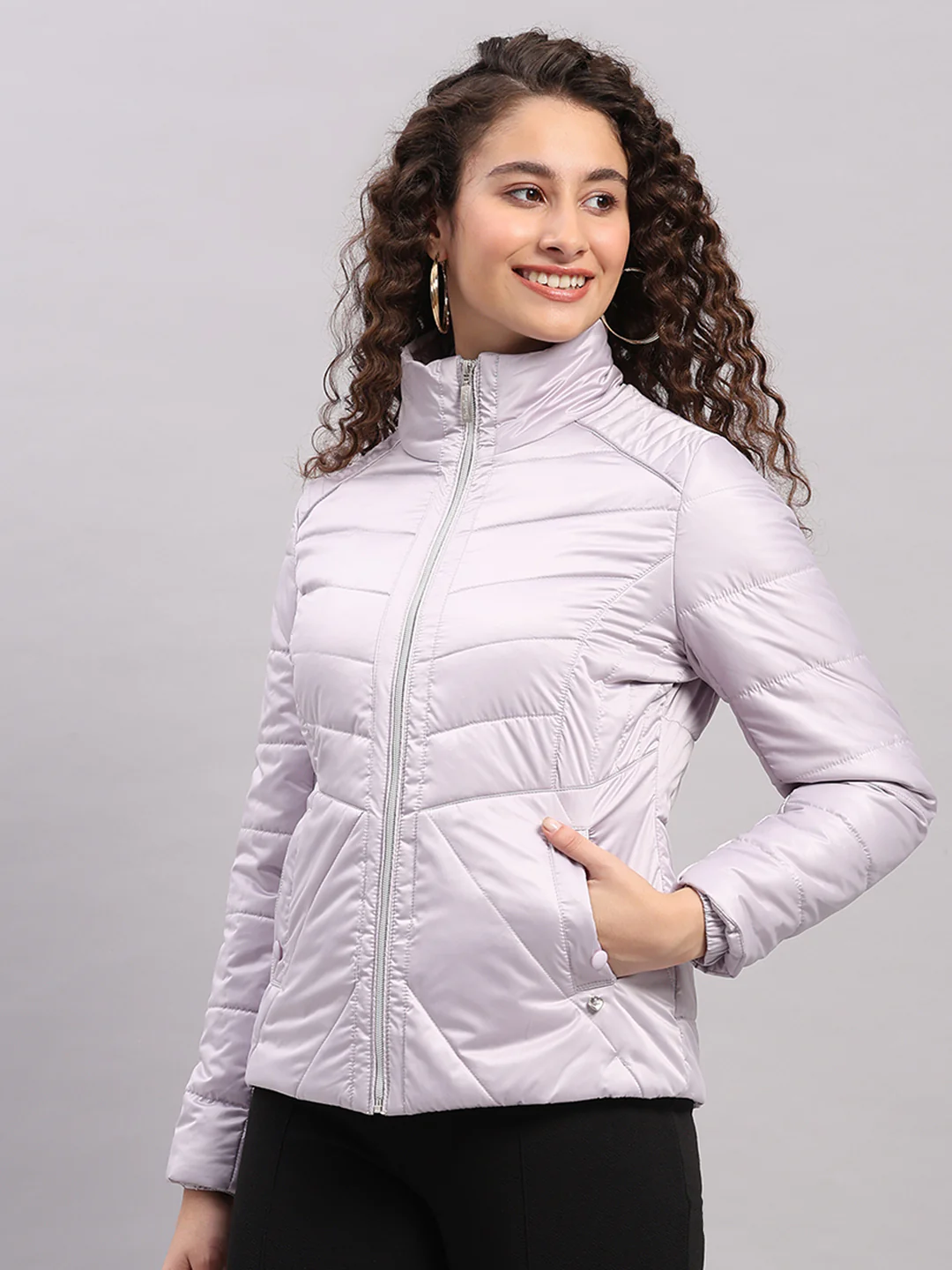 Women Purple Solid Collar Full Sleeve Jacket with Inbuilt Earphones - Image 3