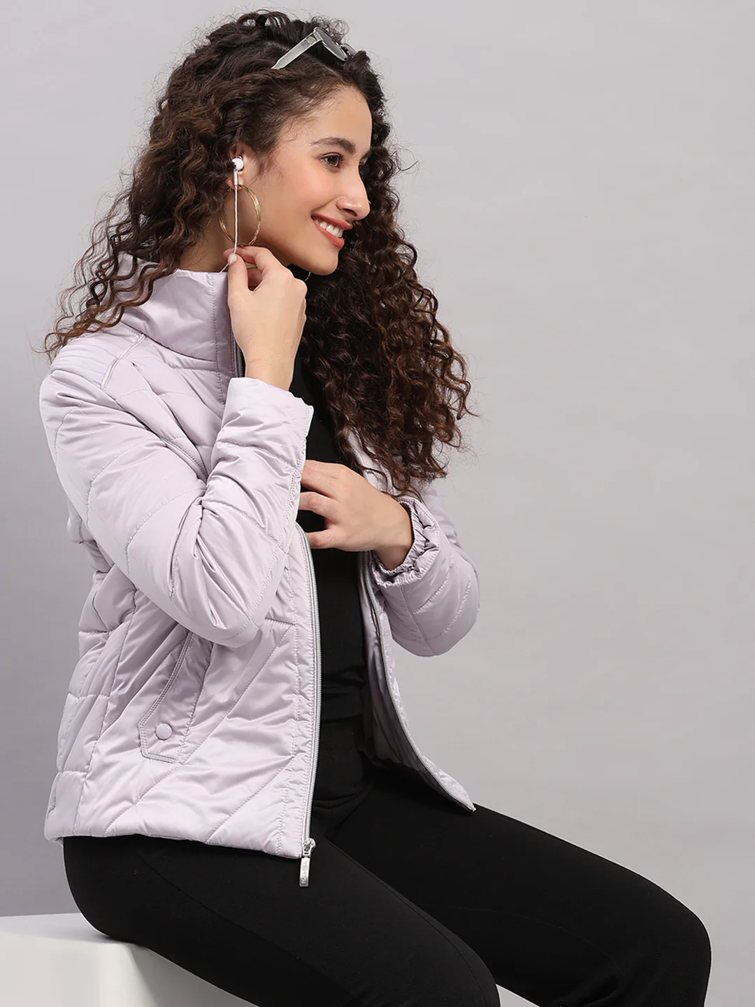 Women Purple Solid Collar Full Sleeve Jacket with Inbuilt Earphones - Image 6