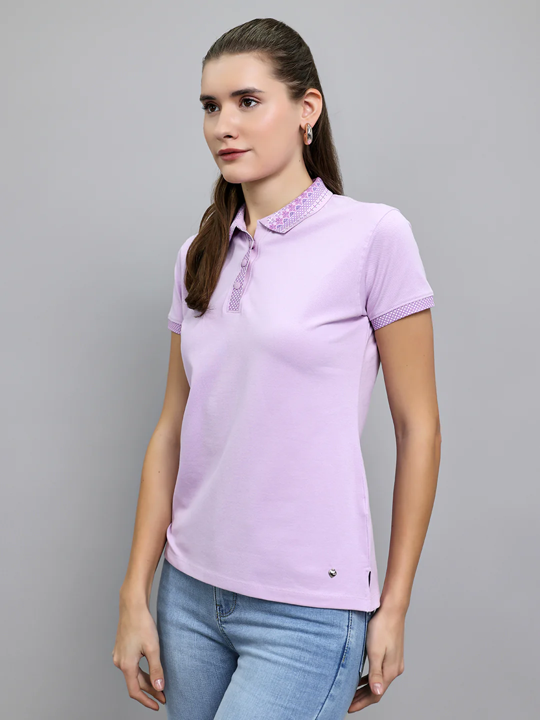 Women Purple Solid Collar Half Sleeve T-Shirt - Image 2