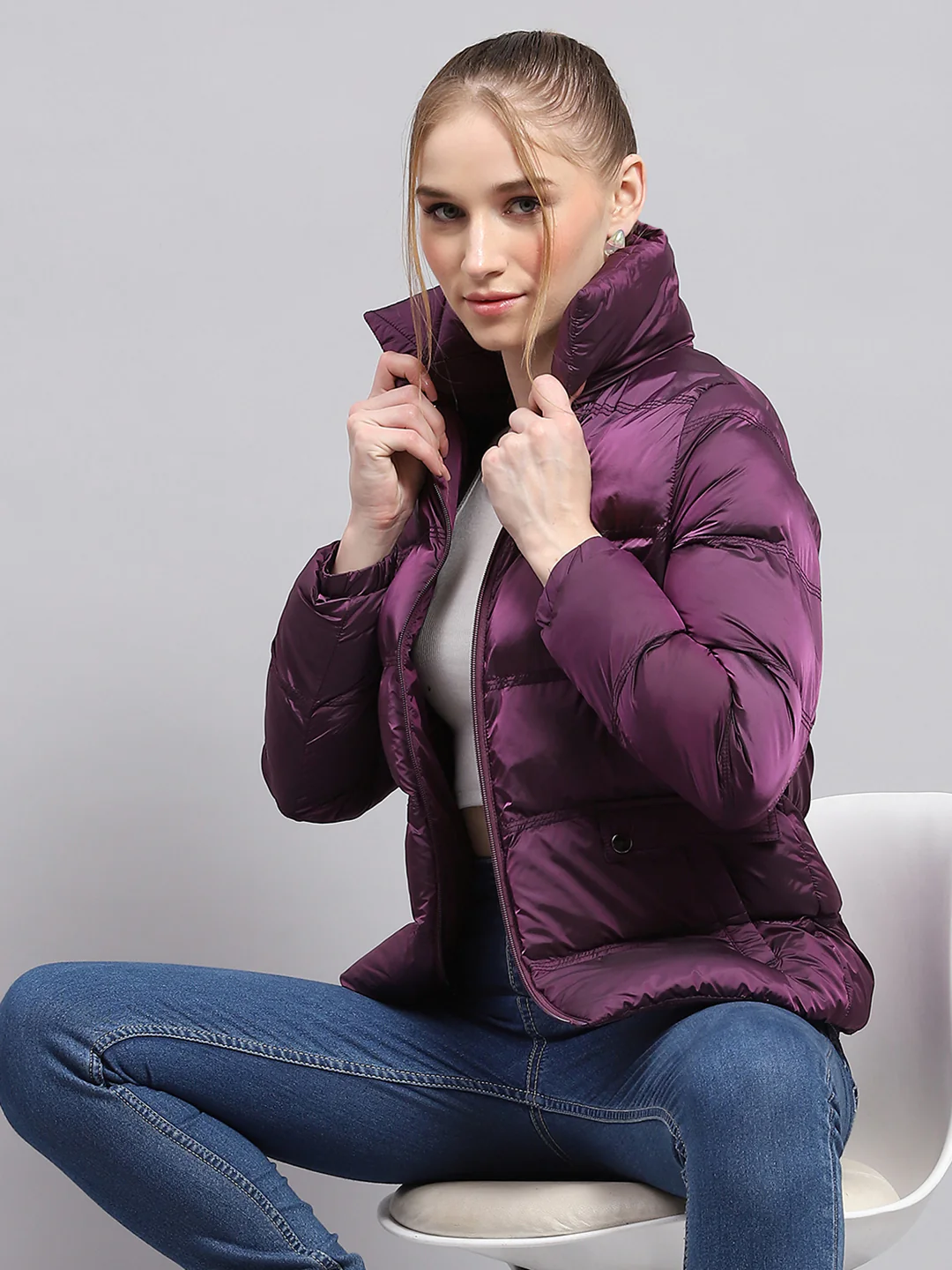 Women Purple Solid High Neck Full Sleeve Jacket - Image 6