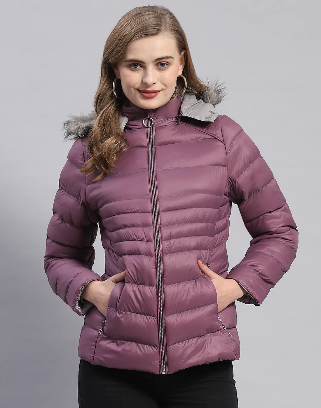 Women Purple Solid Hooded Full Sleeve Jacket - Image 2