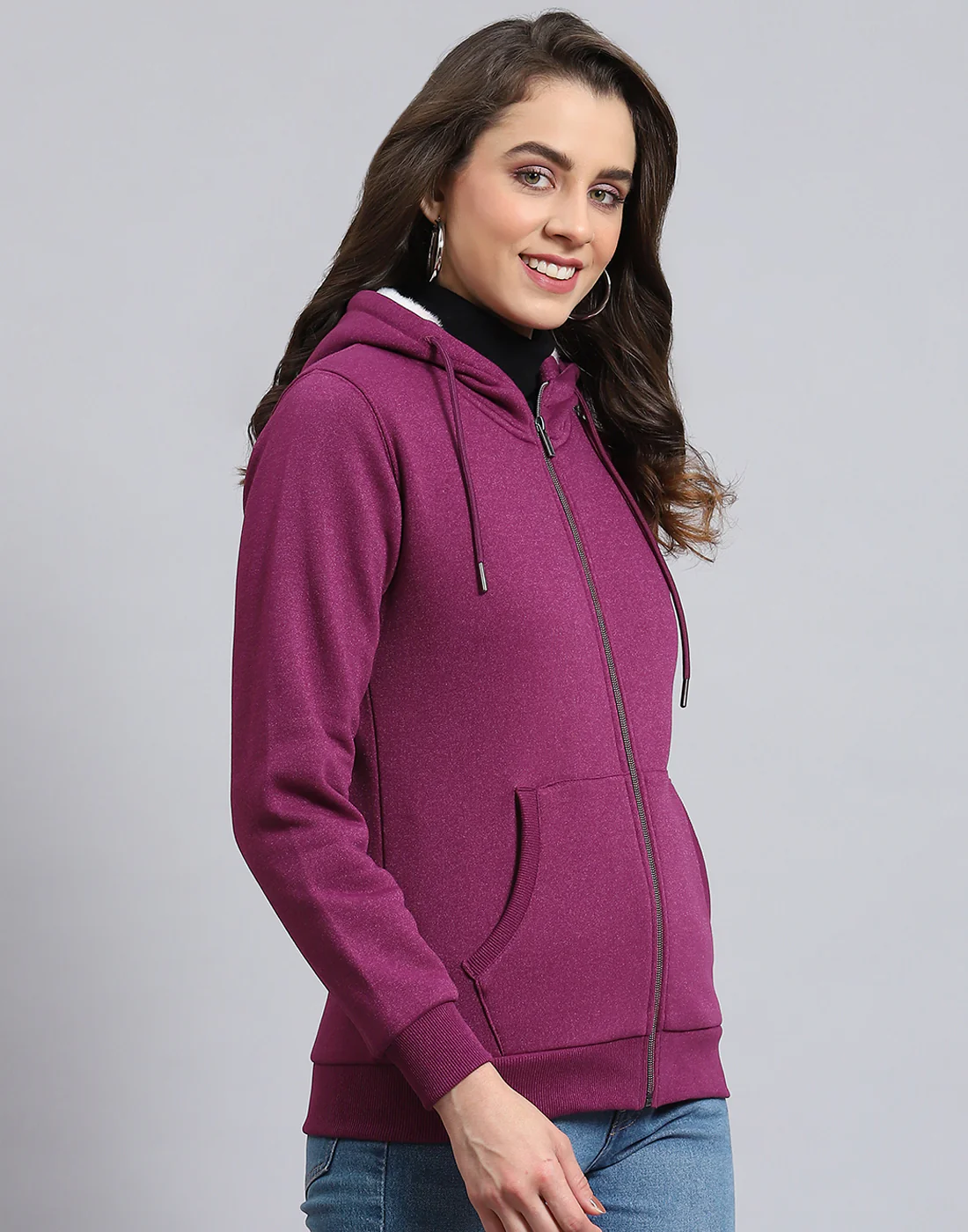 Women Purple Solid Hooded Full Sleeve Sweatshirt - Image 4