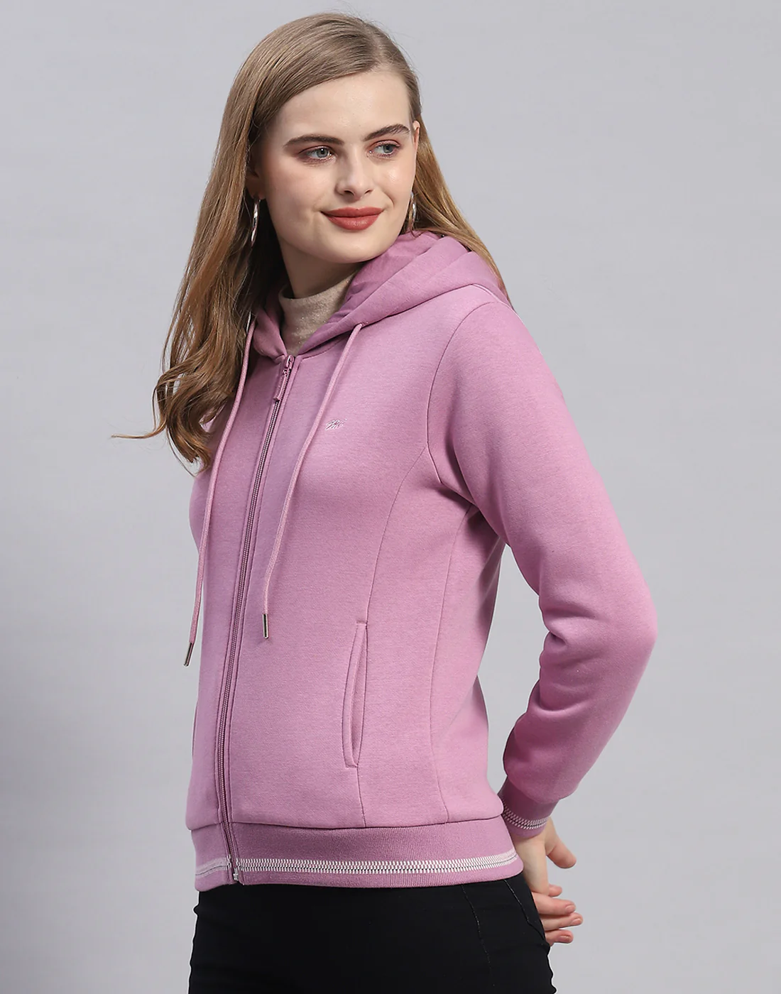 Women Purple Solid Hooded Full Sleeve Sweatshirt - Image 3