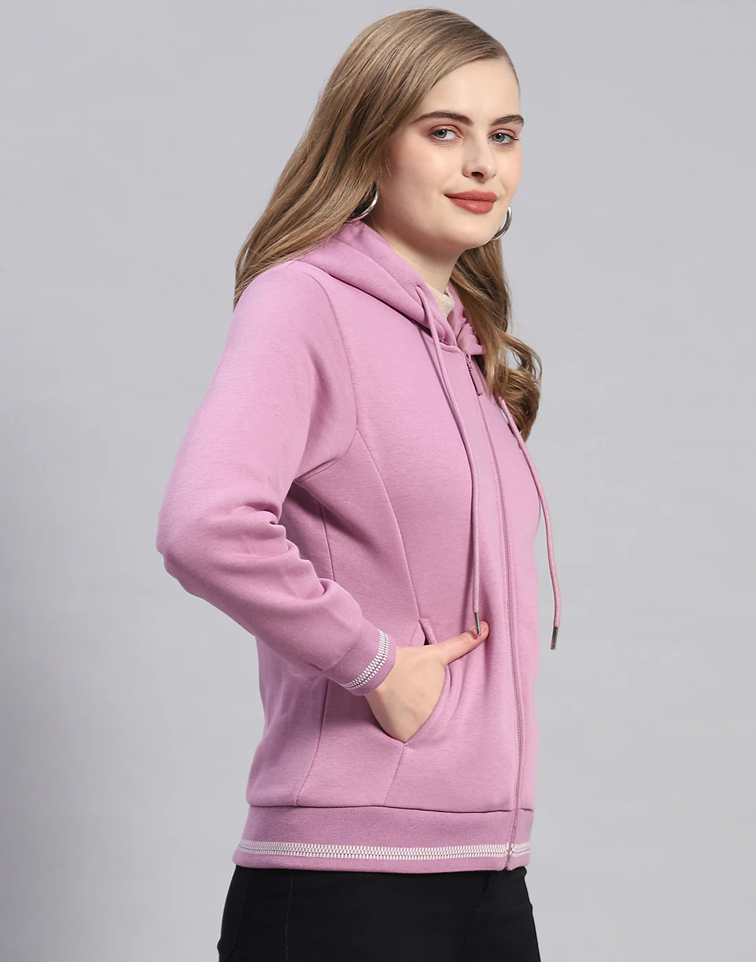 Women Purple Solid Hooded Full Sleeve Sweatshirt - Image 4