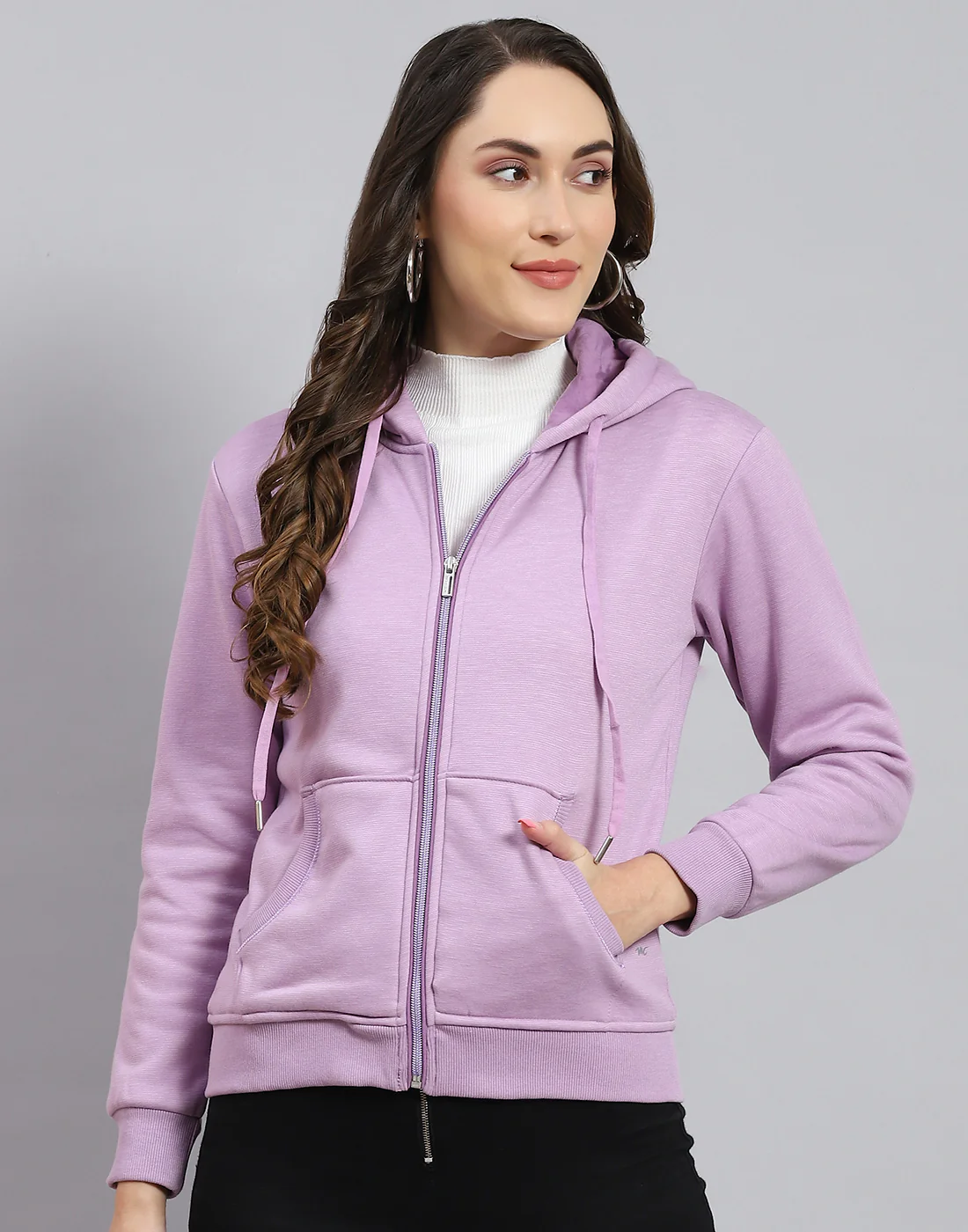Women Purple Solid Hooded Full Sleeve Sweatshirt - Image 2