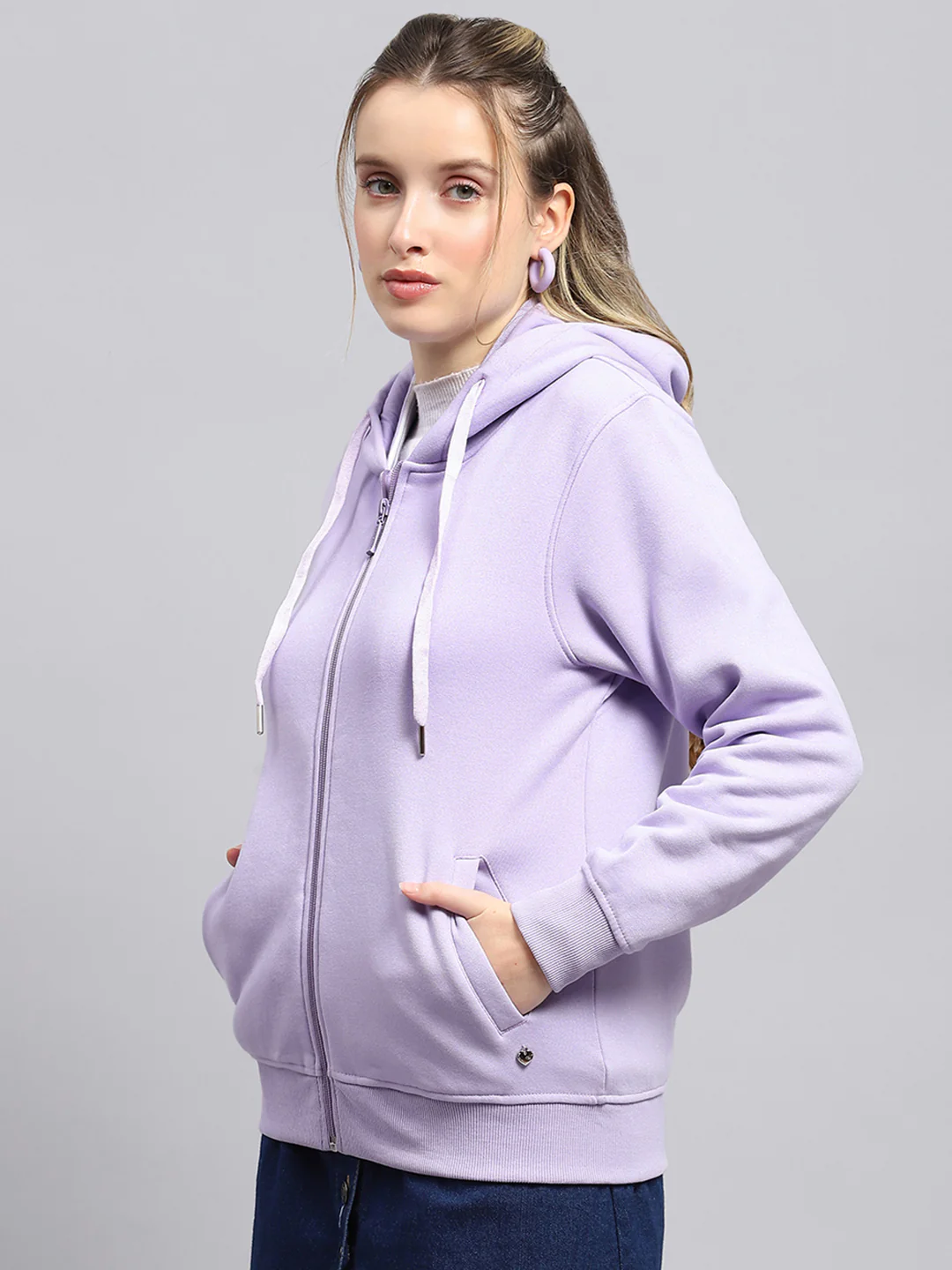 Women Purple Solid Hooded Full Sleeve Sweatshirt - Image 3