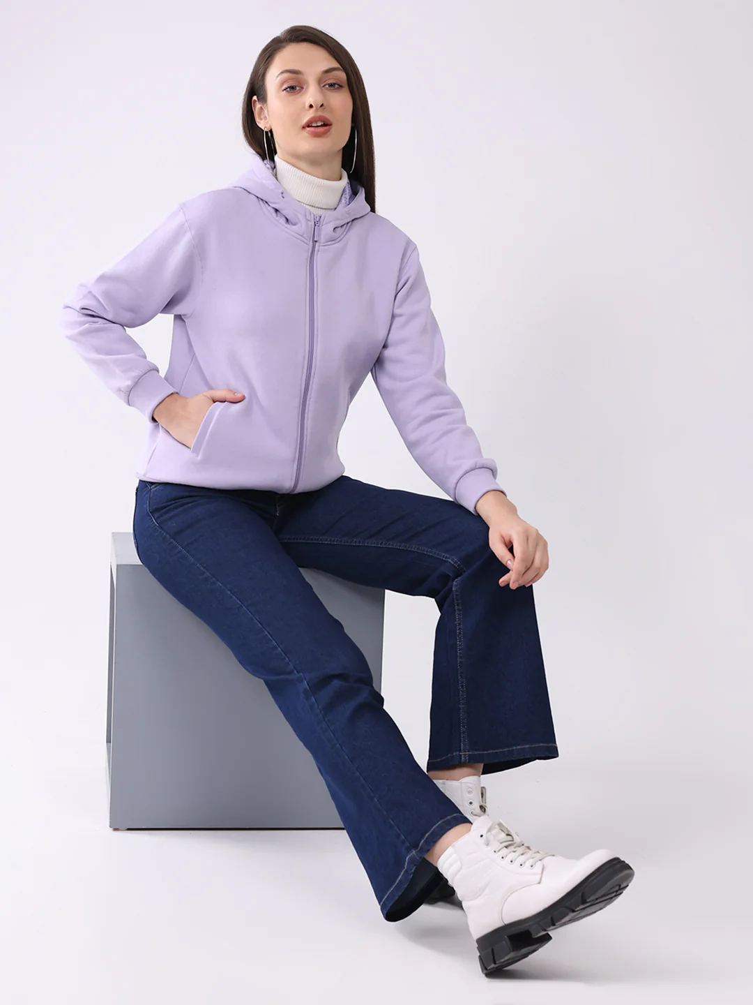 Women Purple Solid Hooded Full Sleeve Sweatshirt - Image 2