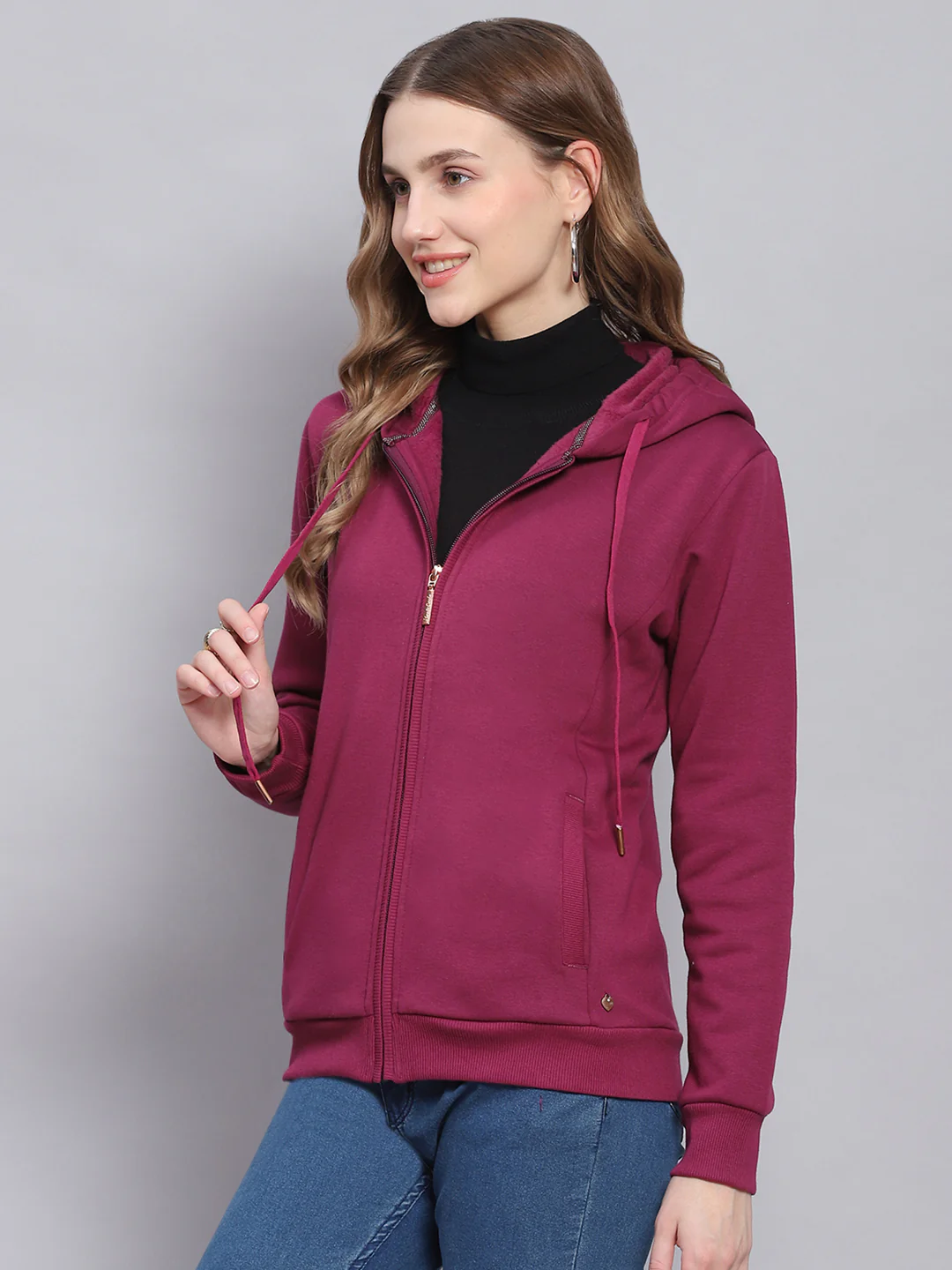 Women Purple Solid Hooded Full Sleeve Sweatshirts - Image 3