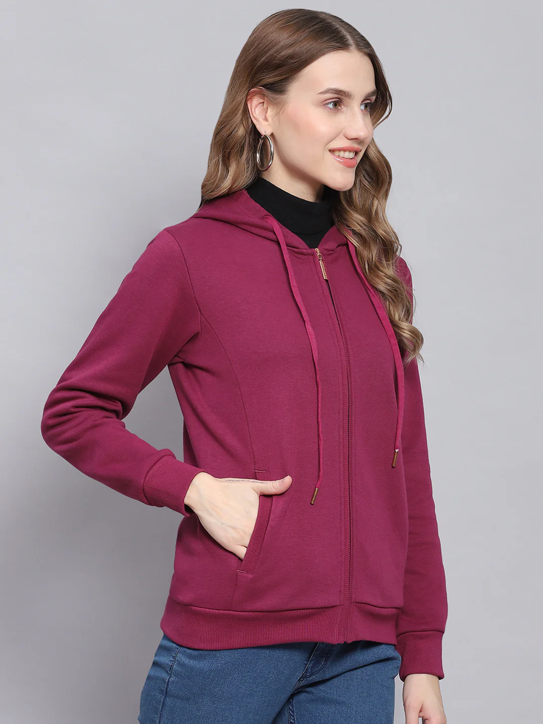 Women Purple Solid Hooded Full Sleeve Sweatshirts - Image 4