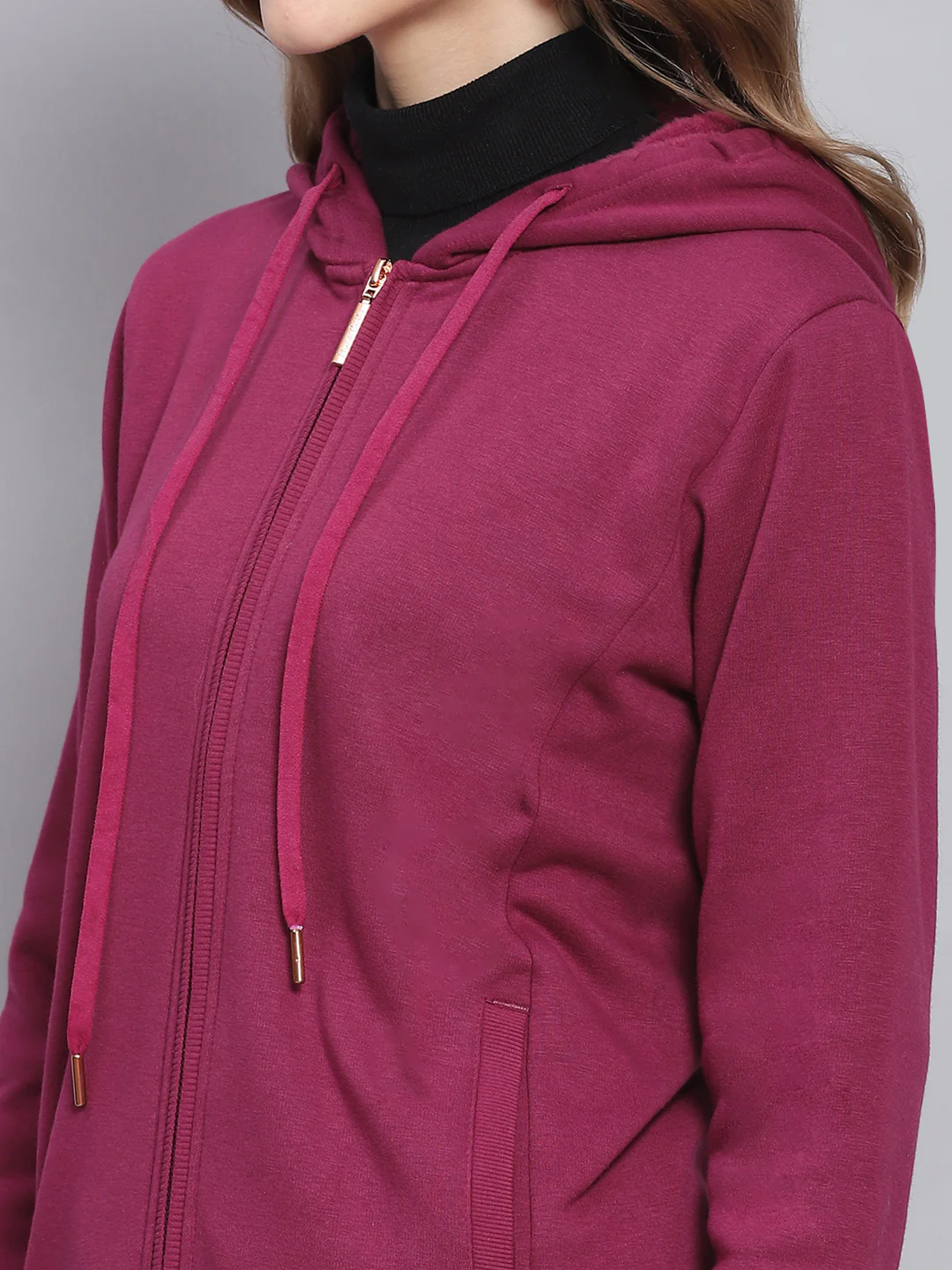 Women Purple Solid Hooded Full Sleeve Sweatshirts - Image 6