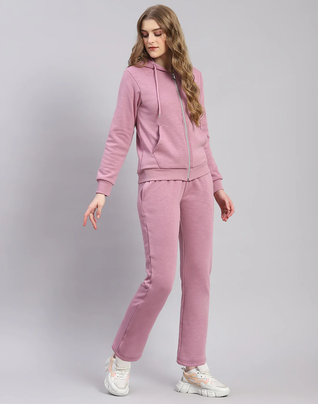 Women Purple Solid Hooded Full Sleeve Tracksuit - Image 4