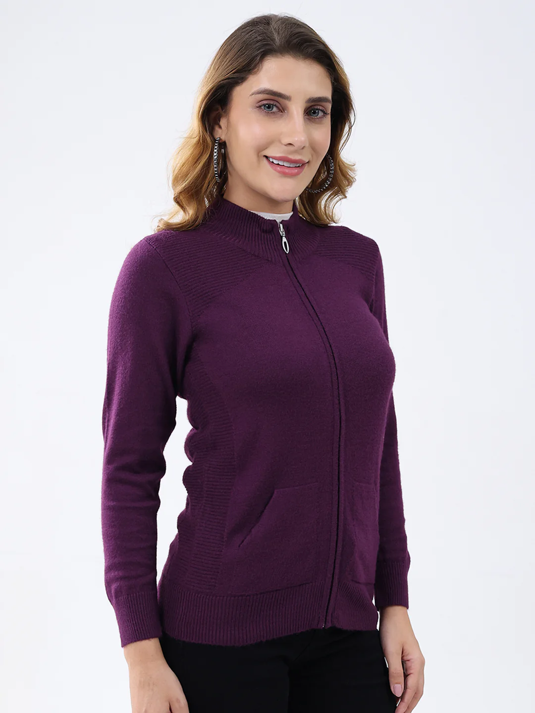 Women Purple Solid Mock Neck Full Sleeve Cardigan - Image 4