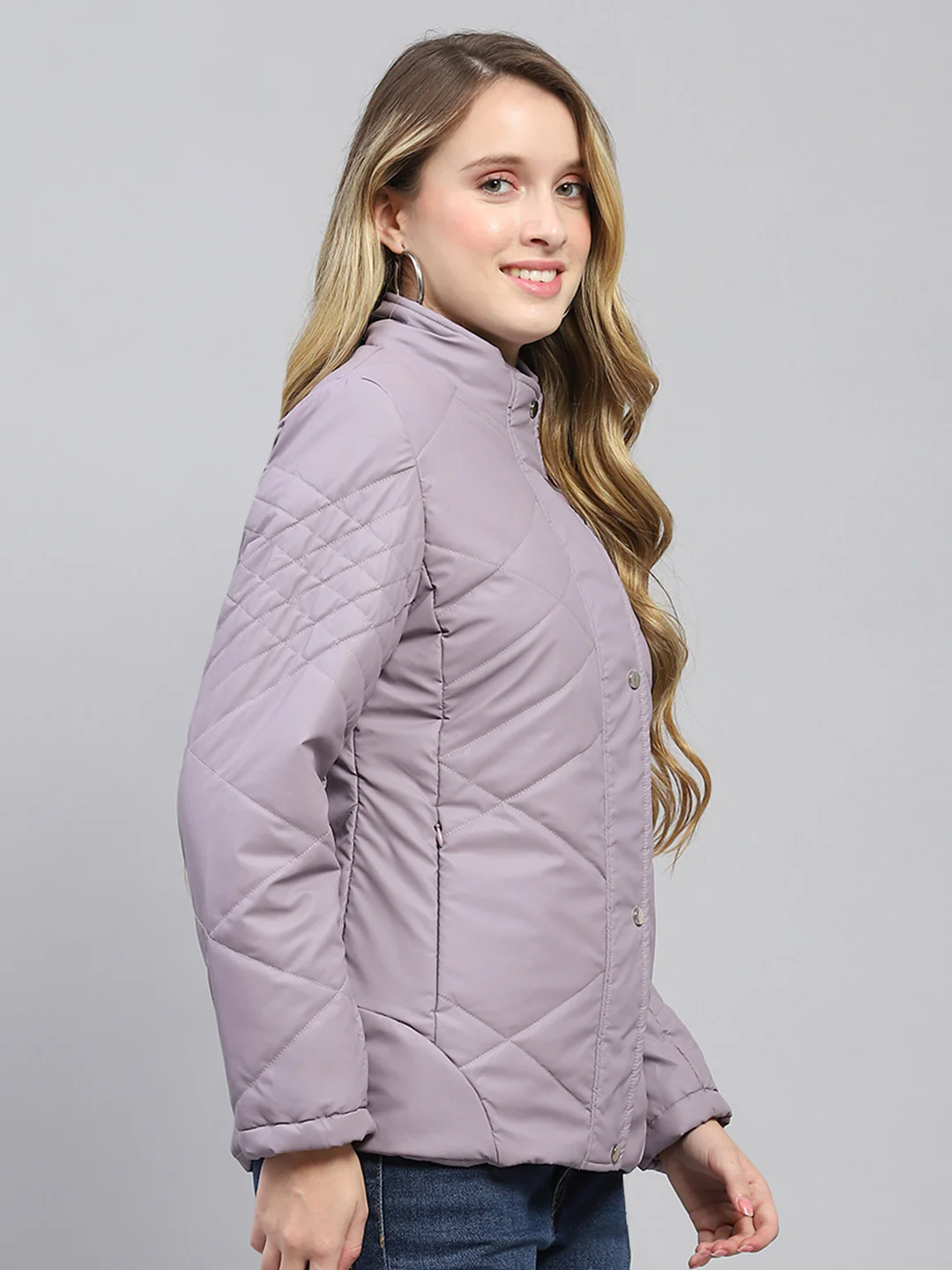 Women Purple Solid Mock Neck Full Sleeve Jacket - Image 4
