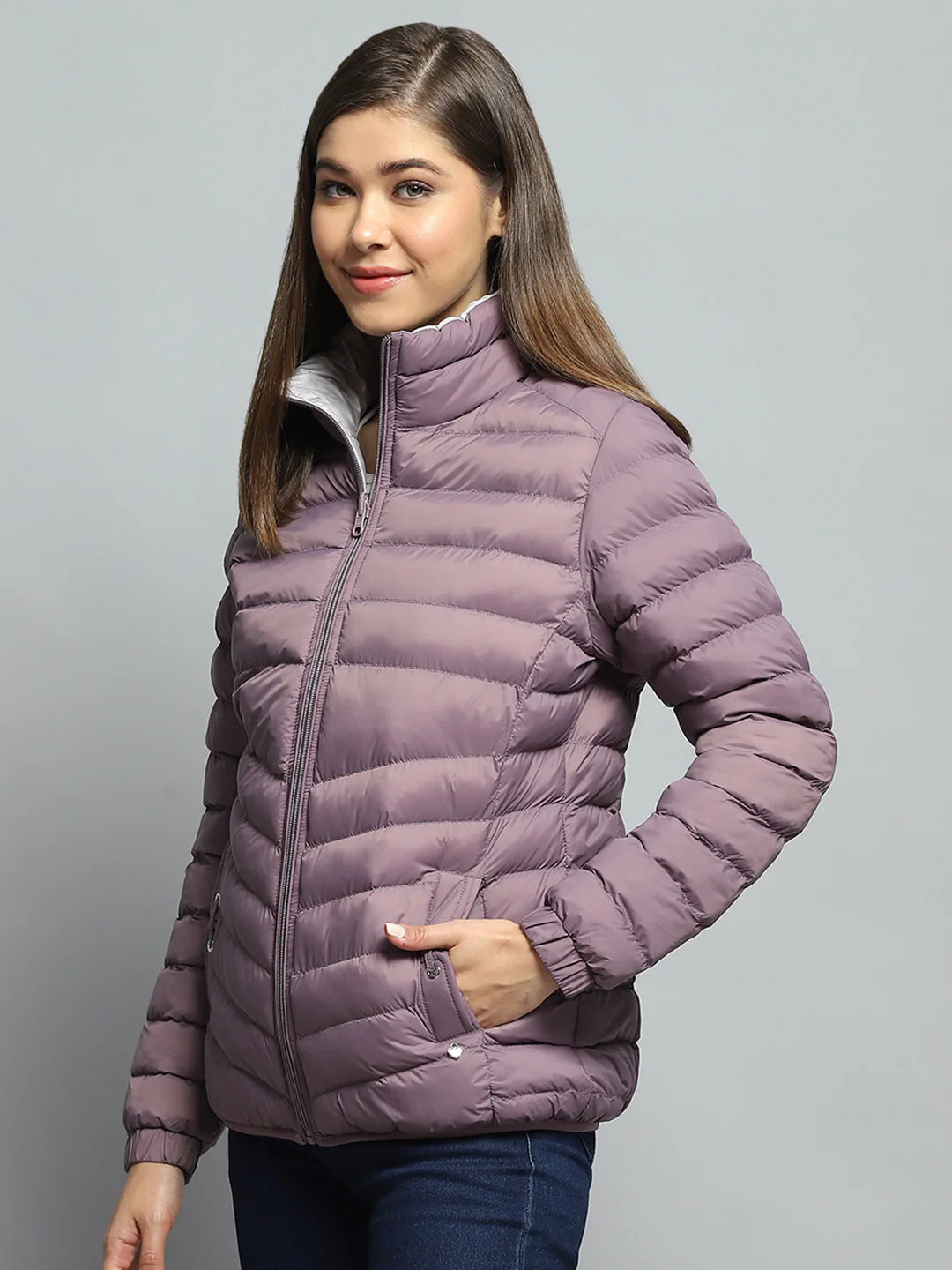 Women Purple Solid Mock Neck Full Sleeve Reversible Jacket - Image 3