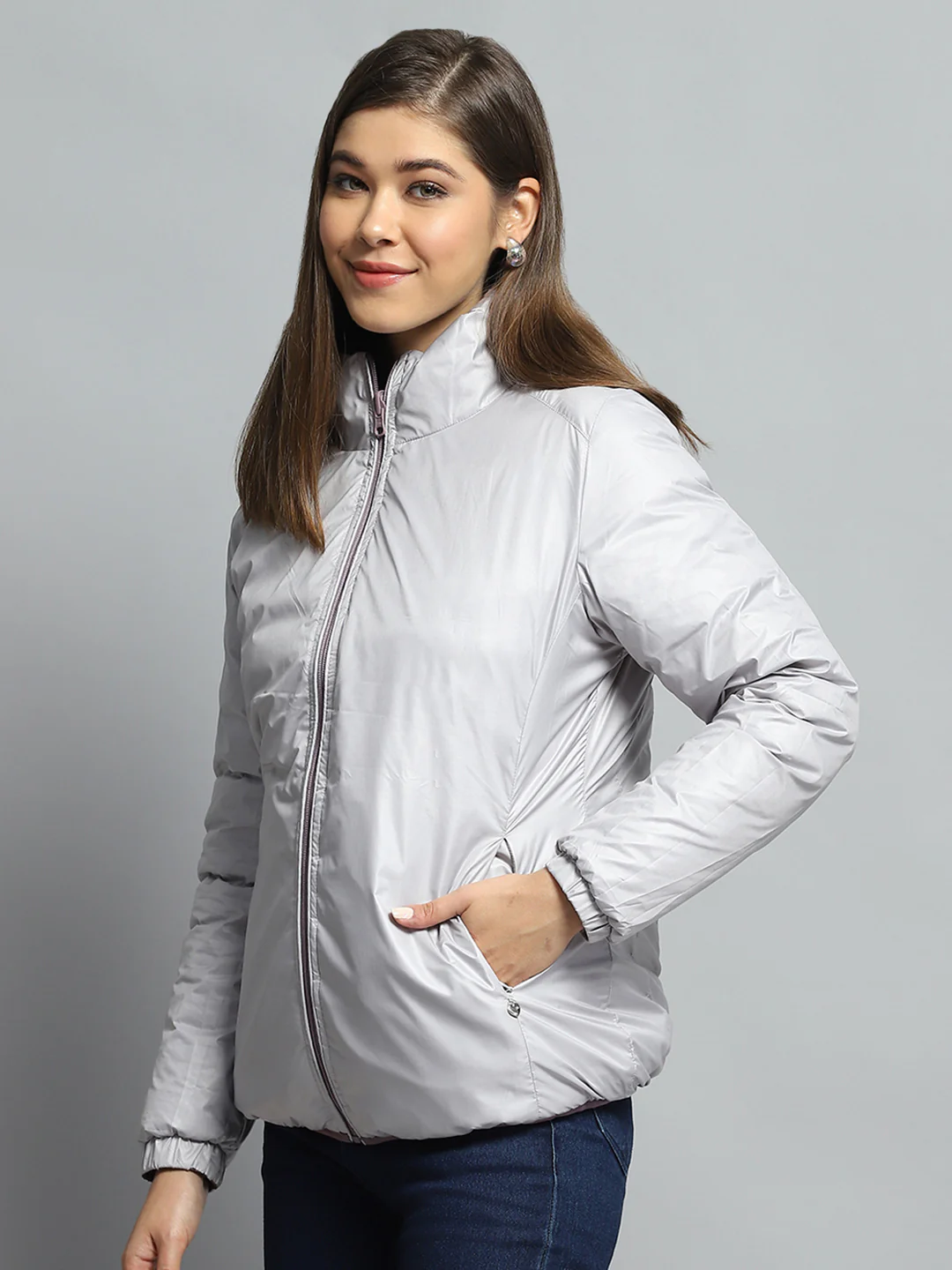 Women Purple Solid Mock Neck Full Sleeve Reversible Jacket - Image 7