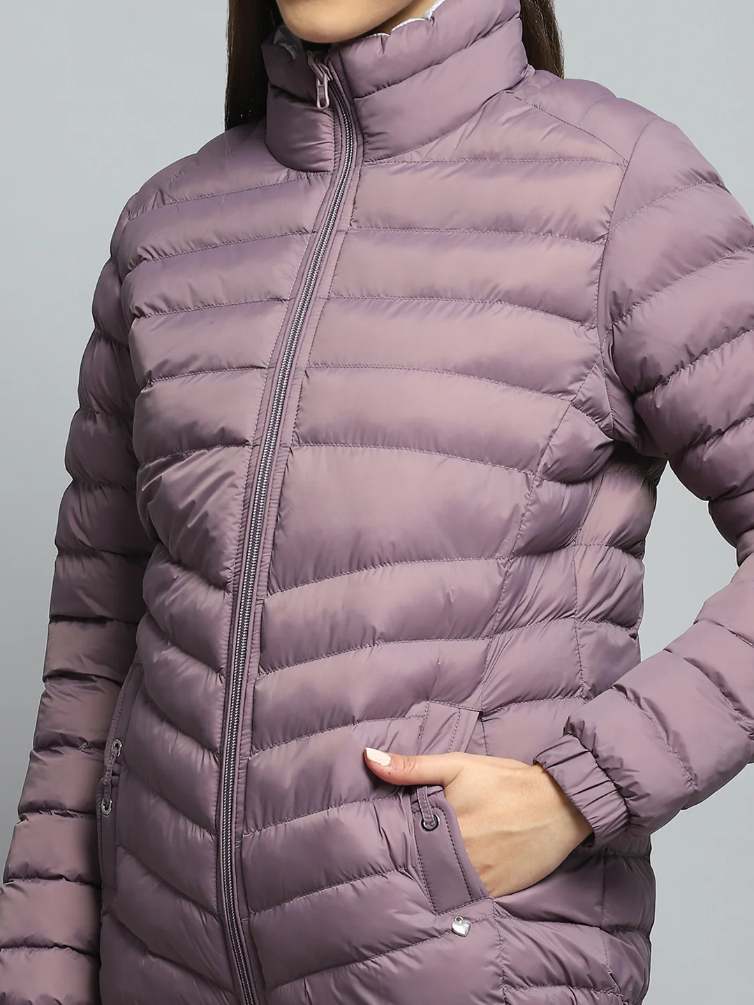 Women Purple Solid Mock Neck Full Sleeve Reversible Jacket - Image 9