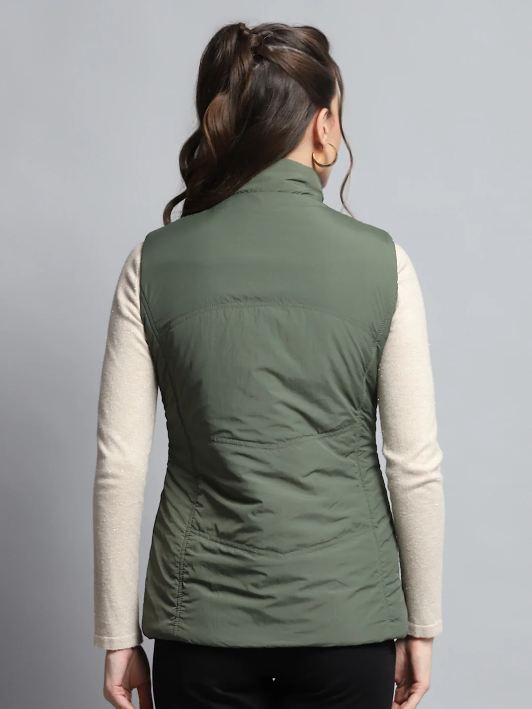 Women Purple Solid Mock Neck Sleeveless Reversible Jacket - Image 8