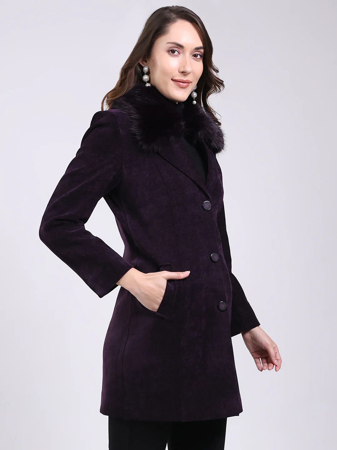 Women Purple Solid Notch Lapel Collar Full Sleeve Coat - Image 4