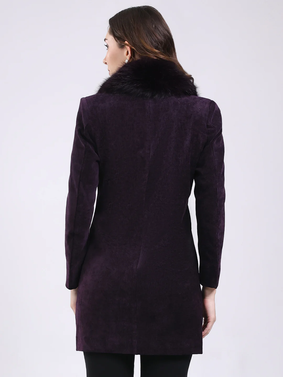 Women Purple Solid Notch Lapel Collar Full Sleeve Coat - Image 5