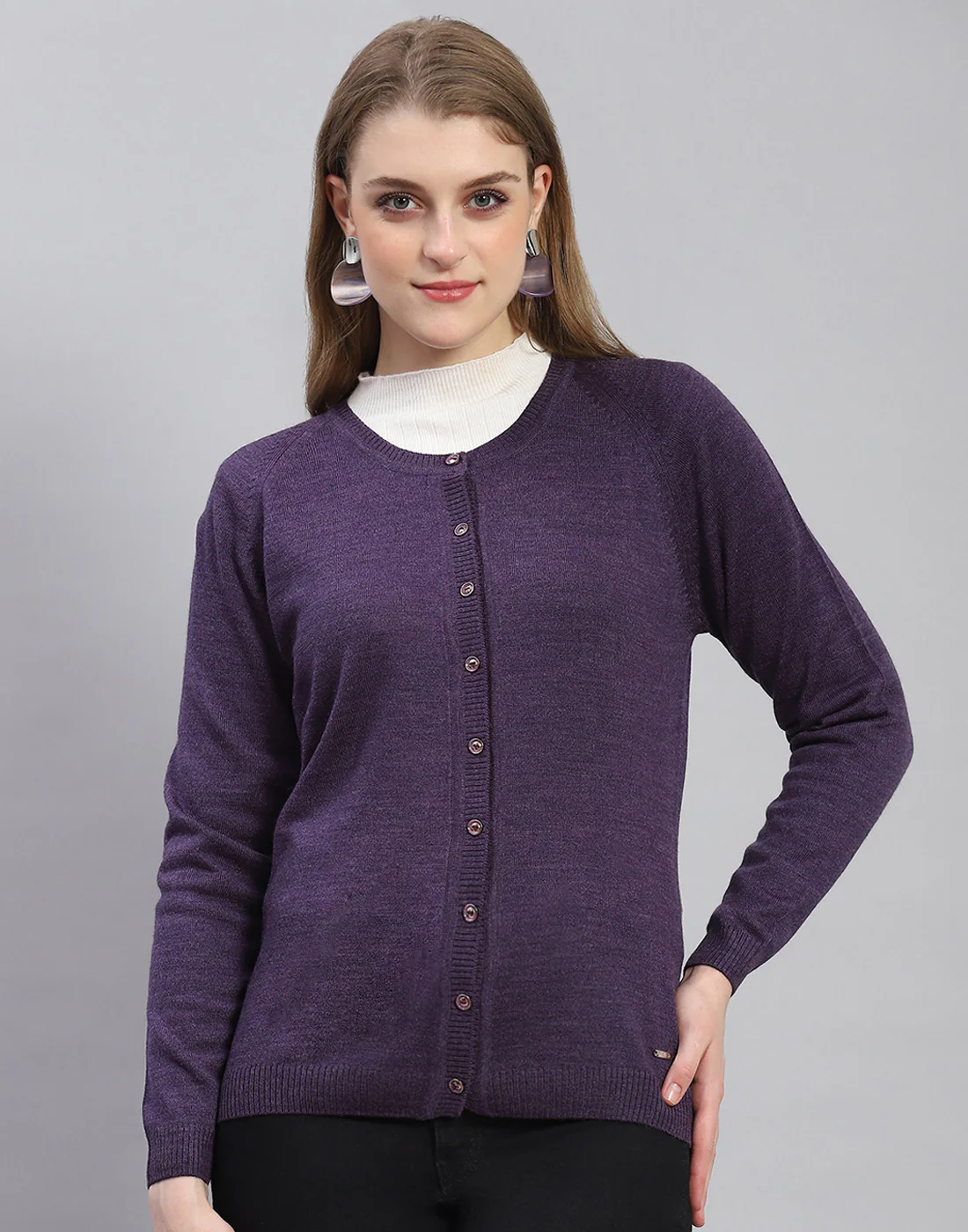 Women Purple Solid Round Neck Full Sleeve Cardigan - Image 2