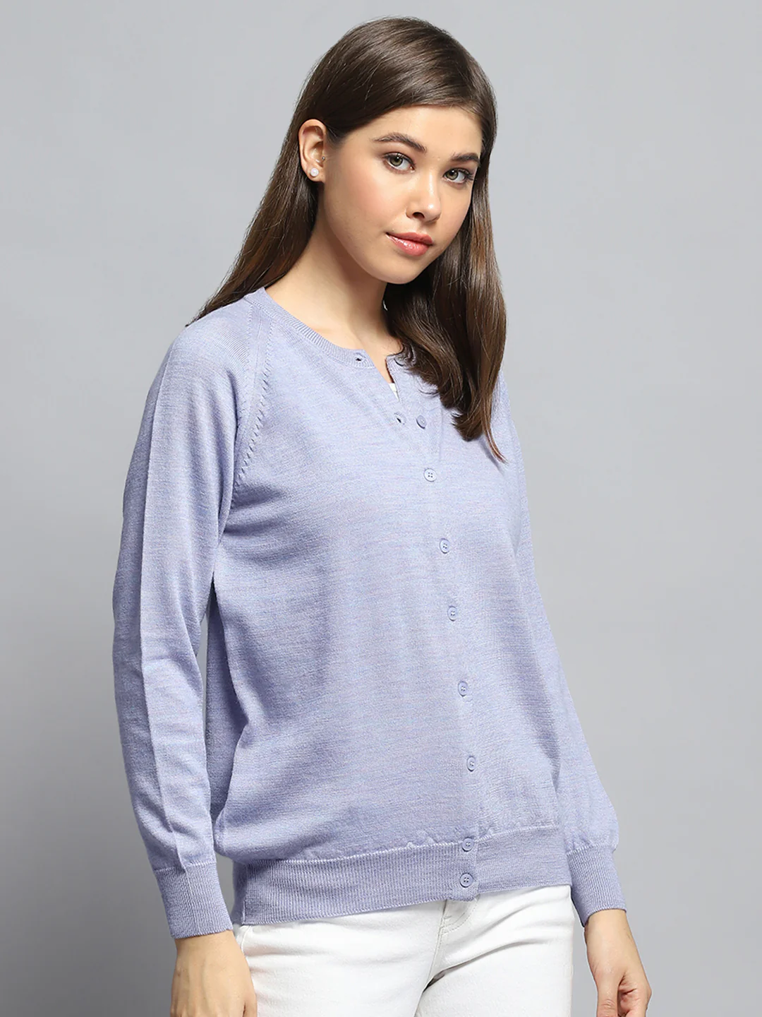 Women Purple Solid Round Neck Full Sleeve Cardigan - Image 4