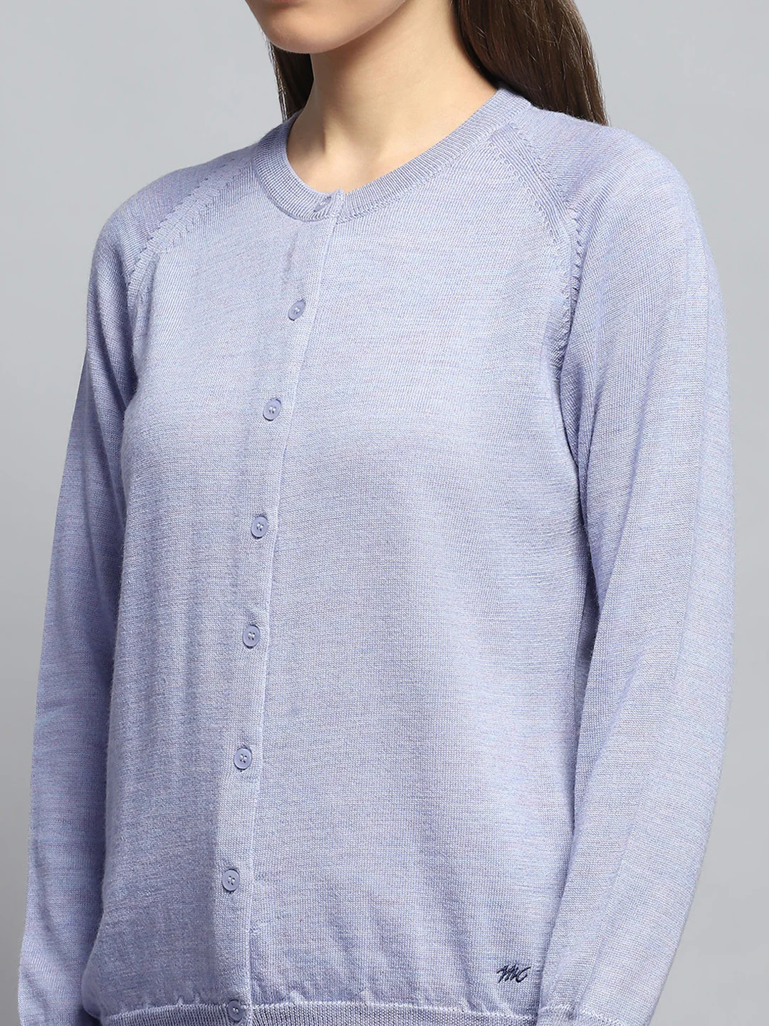 Women Purple Solid Round Neck Full Sleeve Cardigan - Image 6