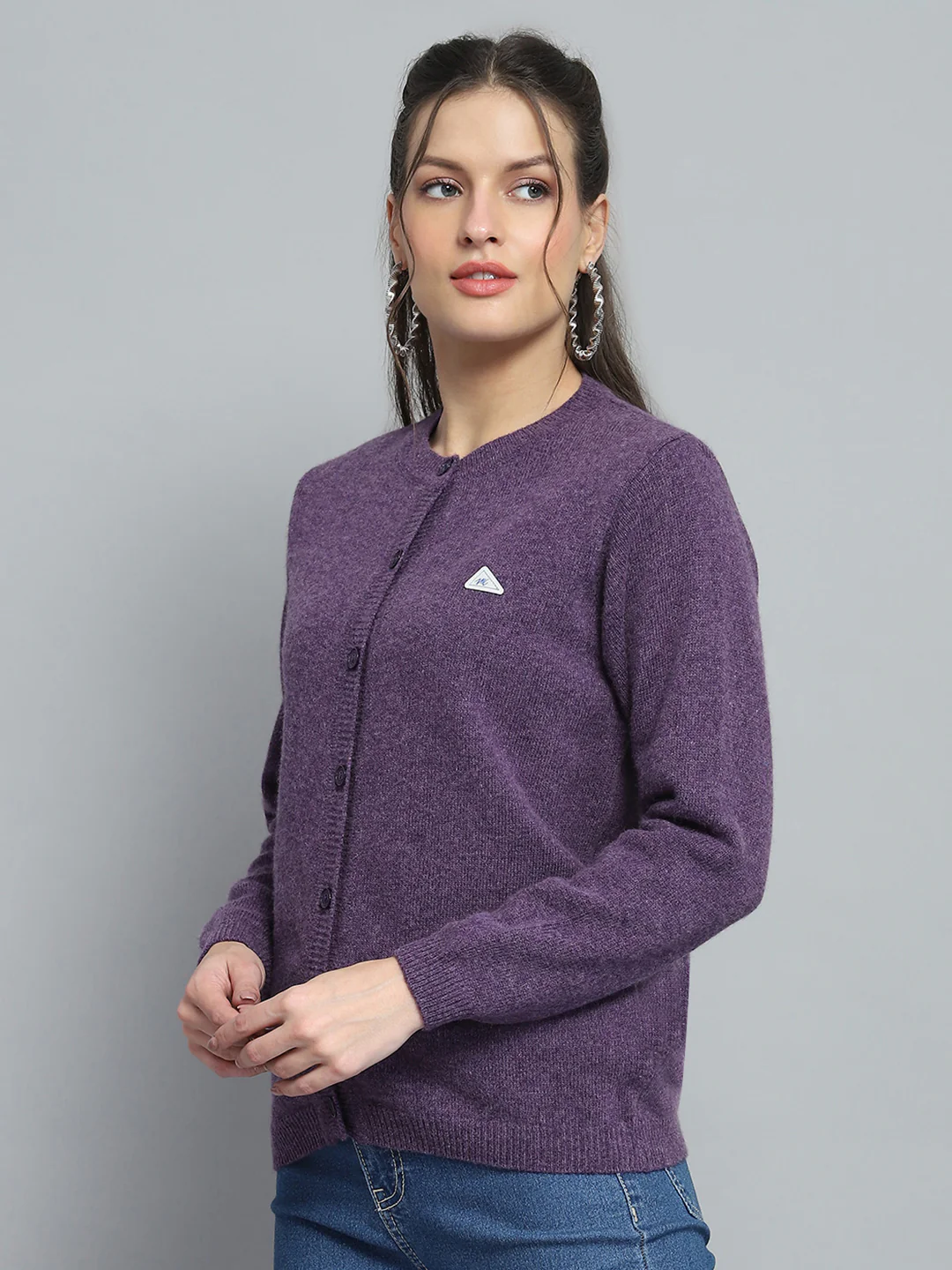 Women Purple Solid Round Neck Full Sleeve Cardigan - Image 3