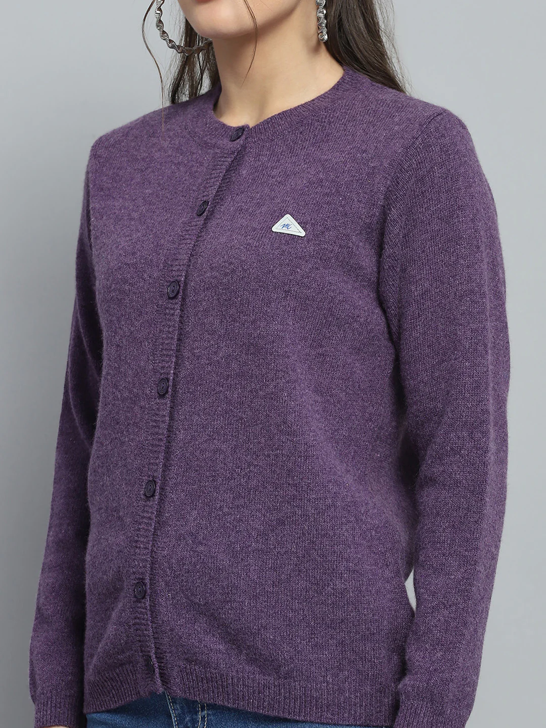 Women Purple Solid Round Neck Full Sleeve Cardigan - Image 7