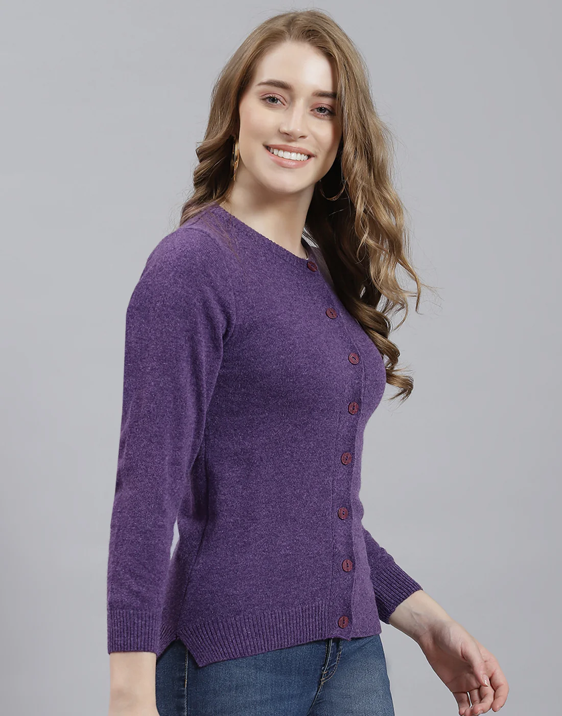 Women Purple Solid Round Neck Full Sleeve Cardigan - Image 4