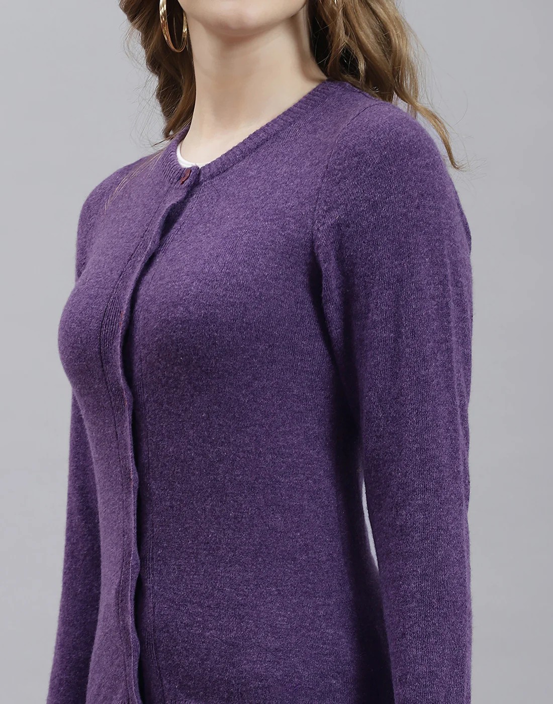 Women Purple Solid Round Neck Full Sleeve Cardigan - Image 6