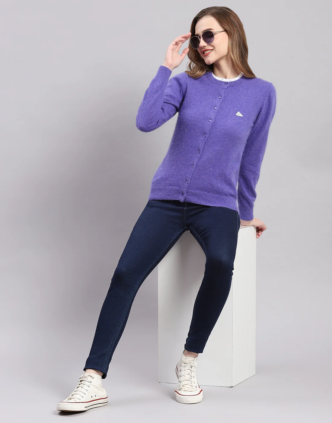 Women Purple Solid Round Neck Full Sleeve Cardigan - Image 2