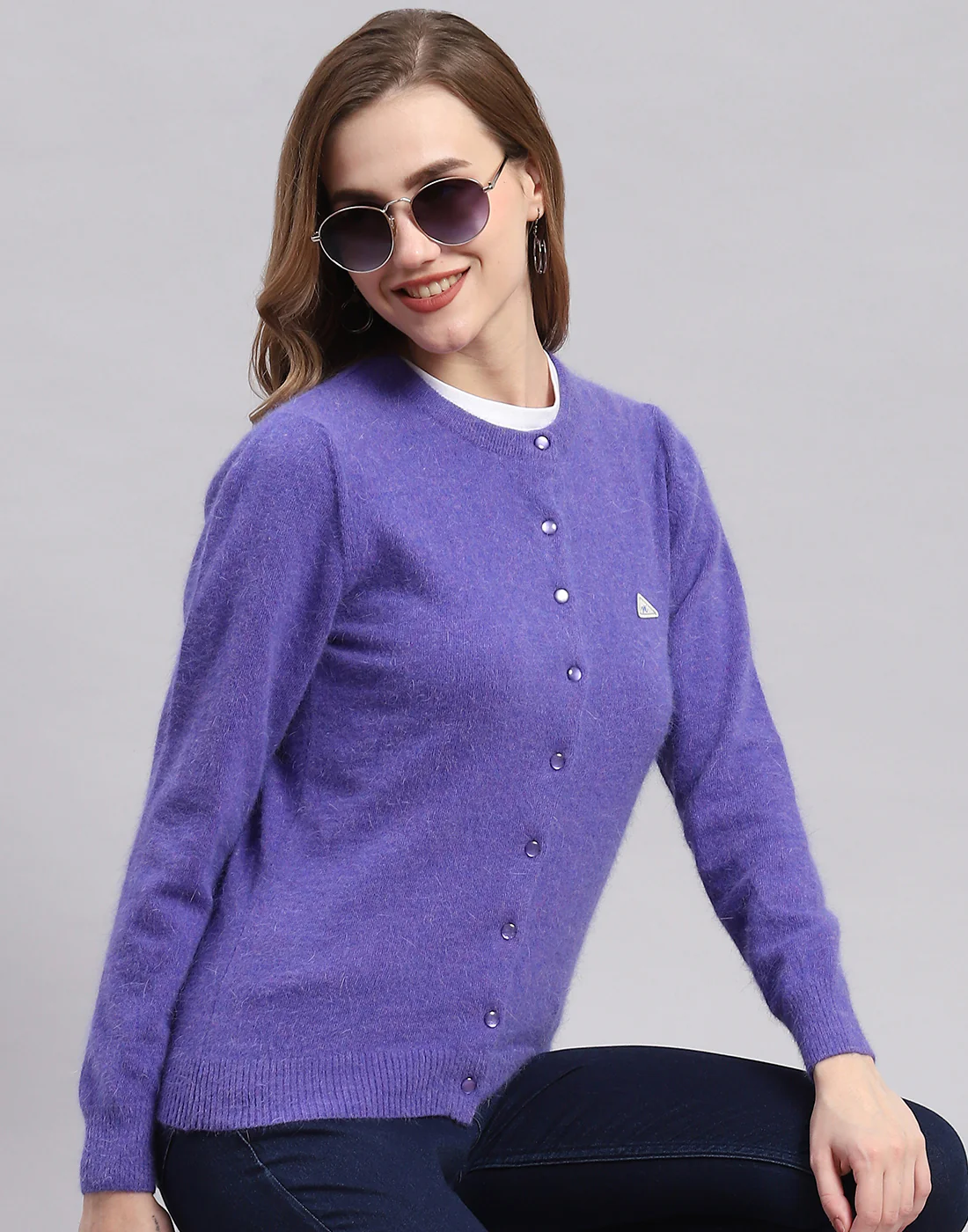 Women Purple Solid Round Neck Full Sleeve Cardigan - Image 3